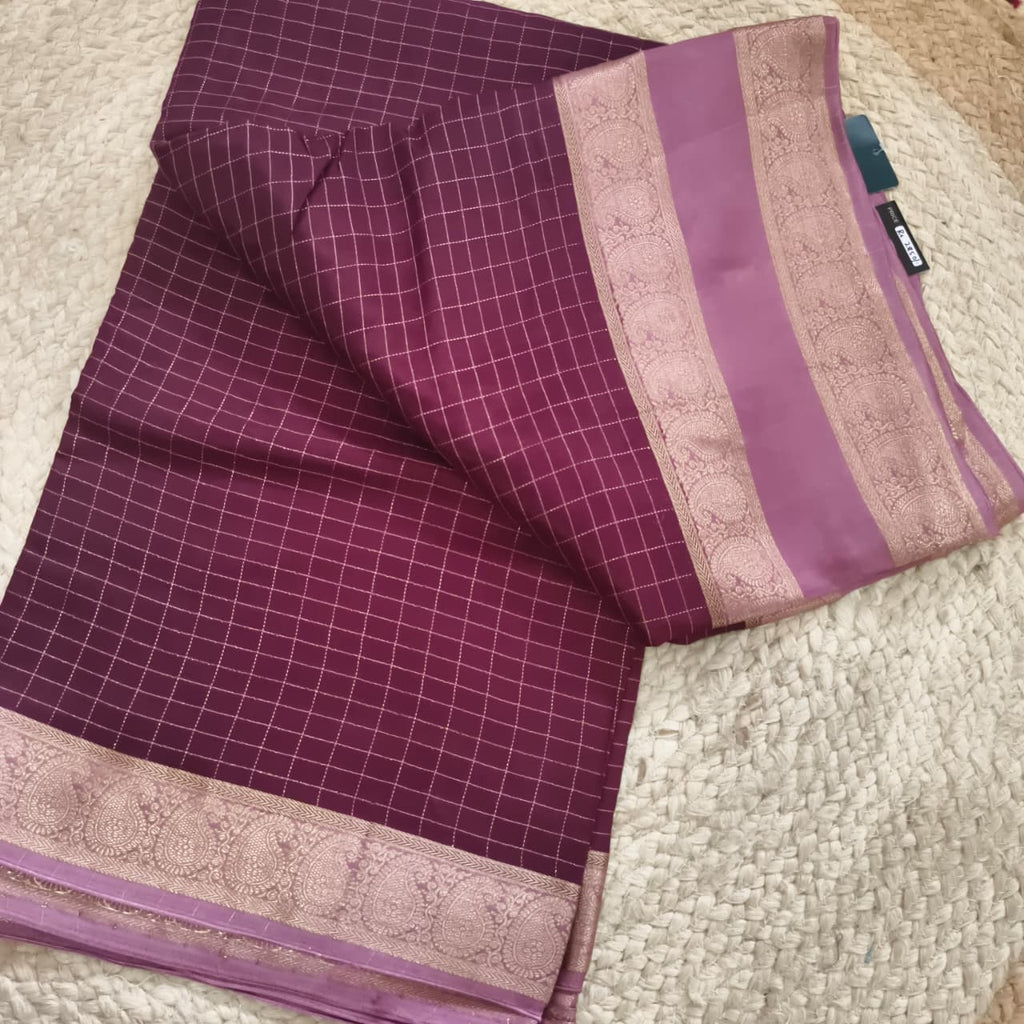 Wine and Onion Pink Viscose Crepe Saree with Checkered Pattern and Bentex Border