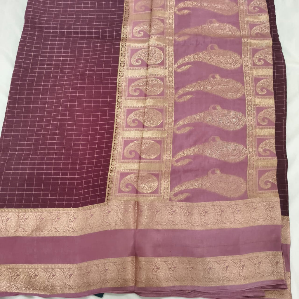 Wine and Onion Pink Viscose Crepe Saree with Checkered Pattern and Bentex Border