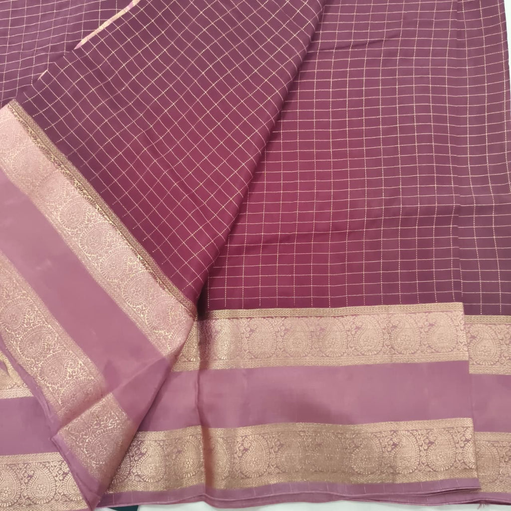Wine and Onion Pink Viscose Crepe Saree with Checkered Pattern and Bentex Border