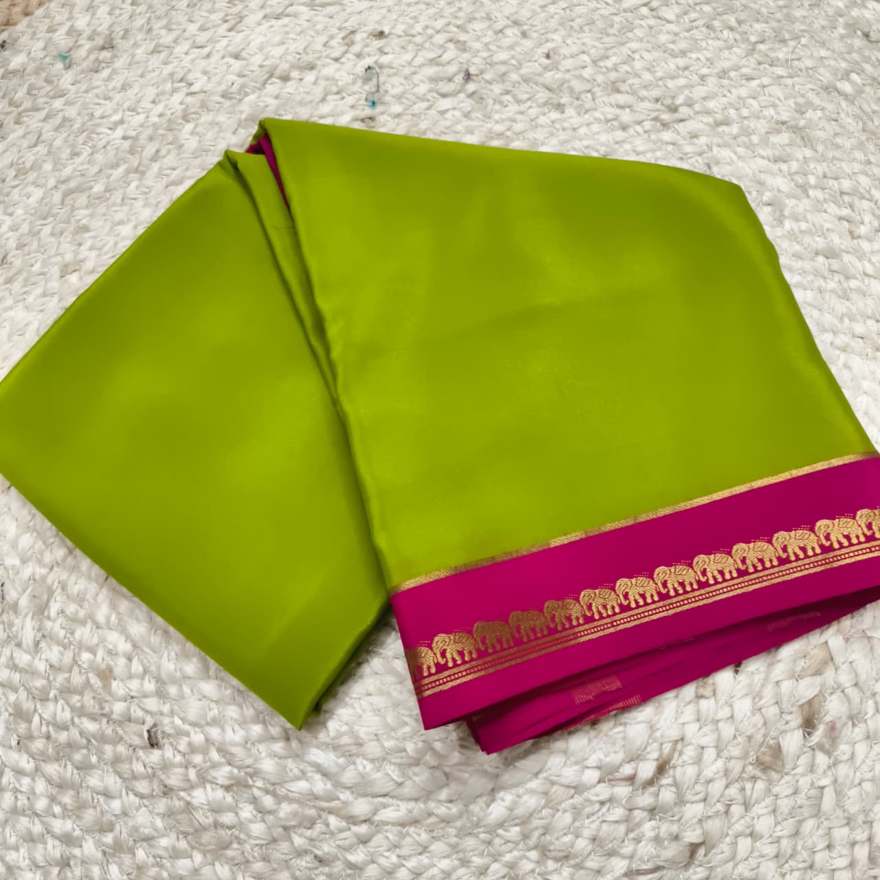 Pure Mysore Crepe Silk Saree – Parrot Green and Rani Pink