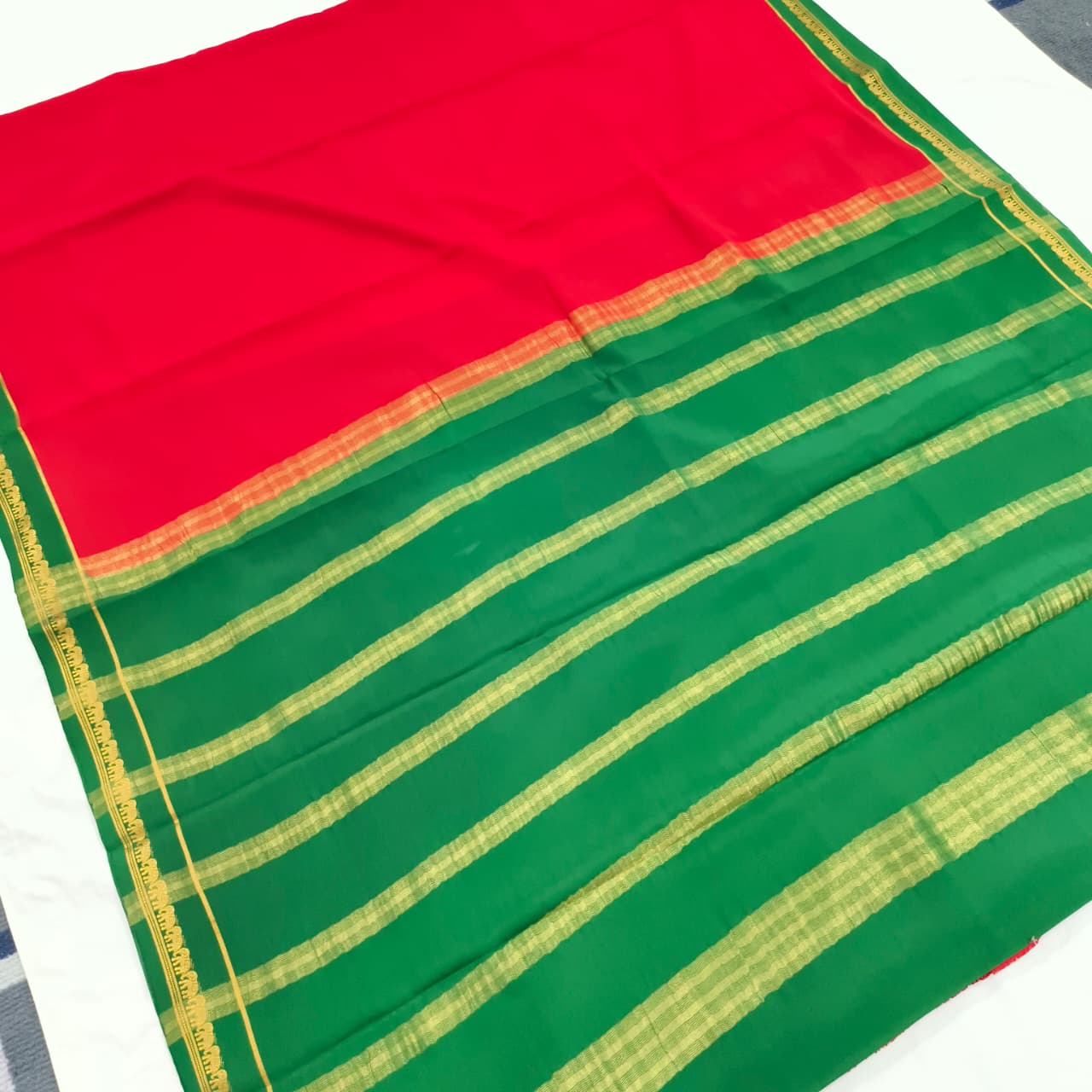 Pure Mysore Crepe Silk Saree – Red and Green