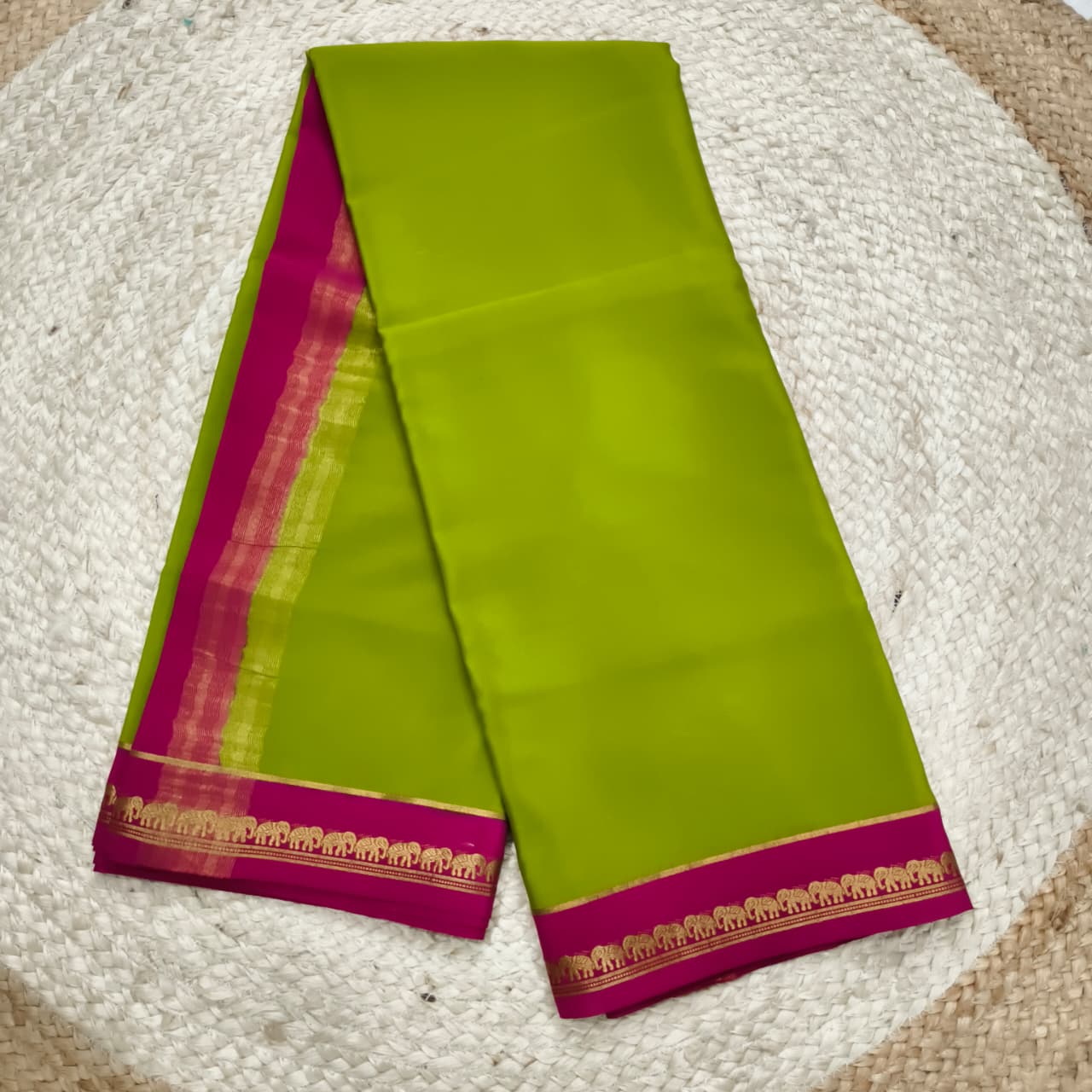 Pure Mysore Crepe Silk Saree – Parrot Green and Rani Pink