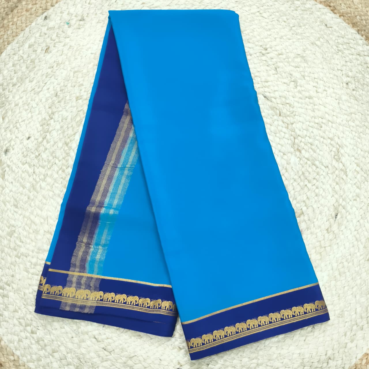Pure Mysore Crepe Silk Saree – Light Blue and Navy Blue