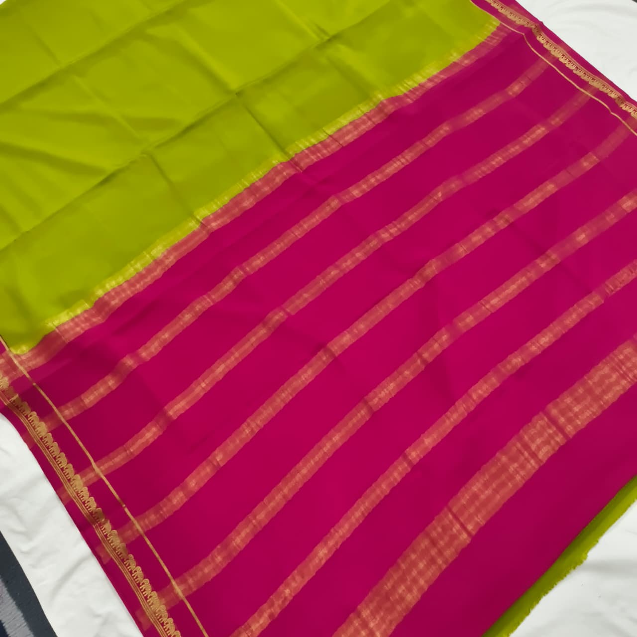 Pure Mysore Crepe Silk Saree – Parrot Green and Rani Pink