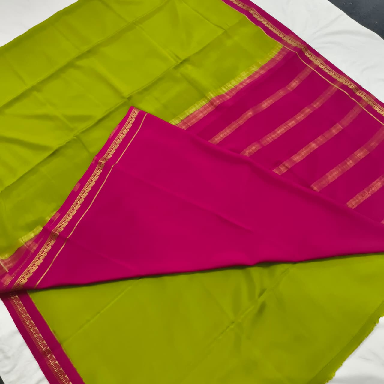 Pure Mysore Crepe Silk Saree – Parrot Green and Rani Pink