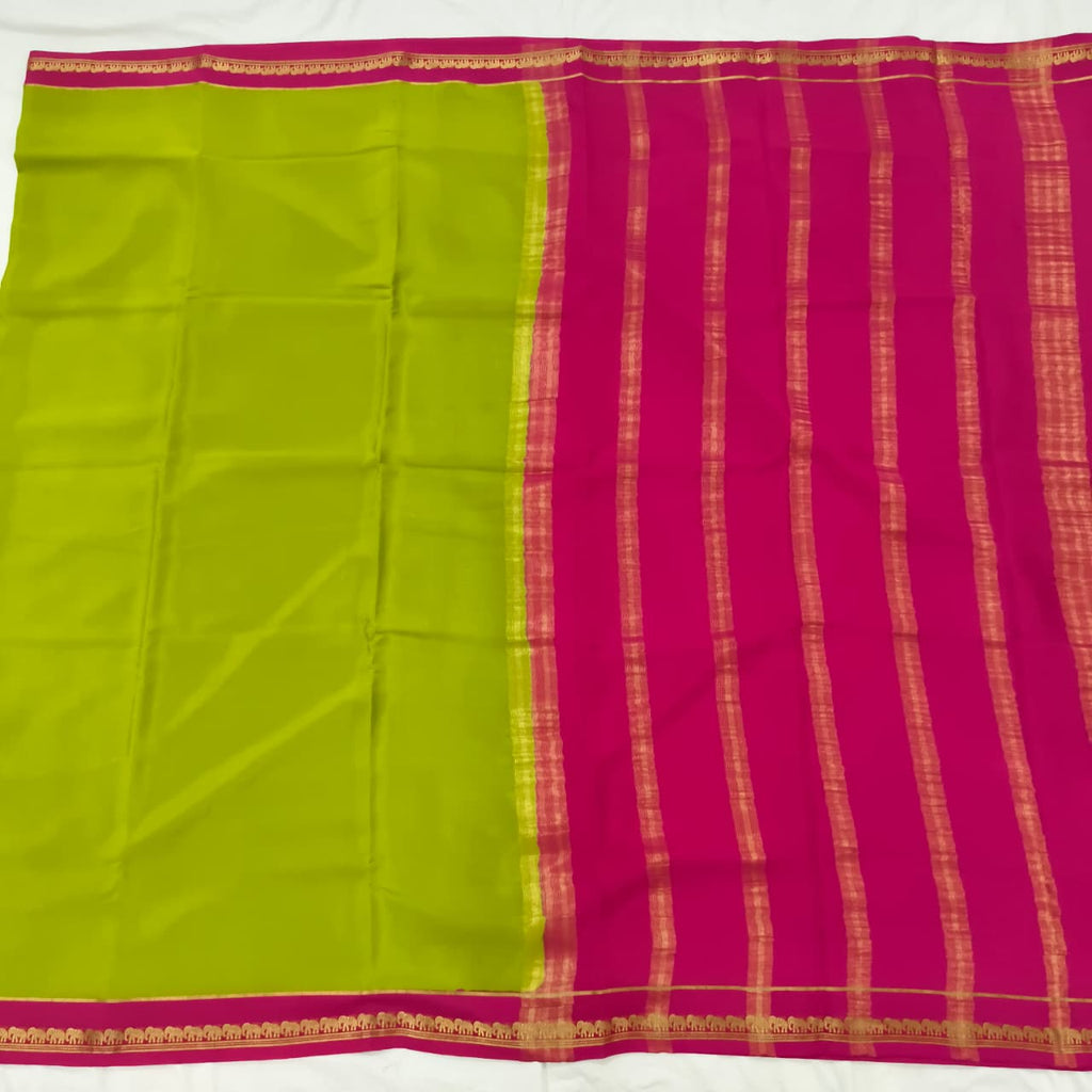 Pure Mysore Crepe Silk Saree – Parrot Green and Rani Pink