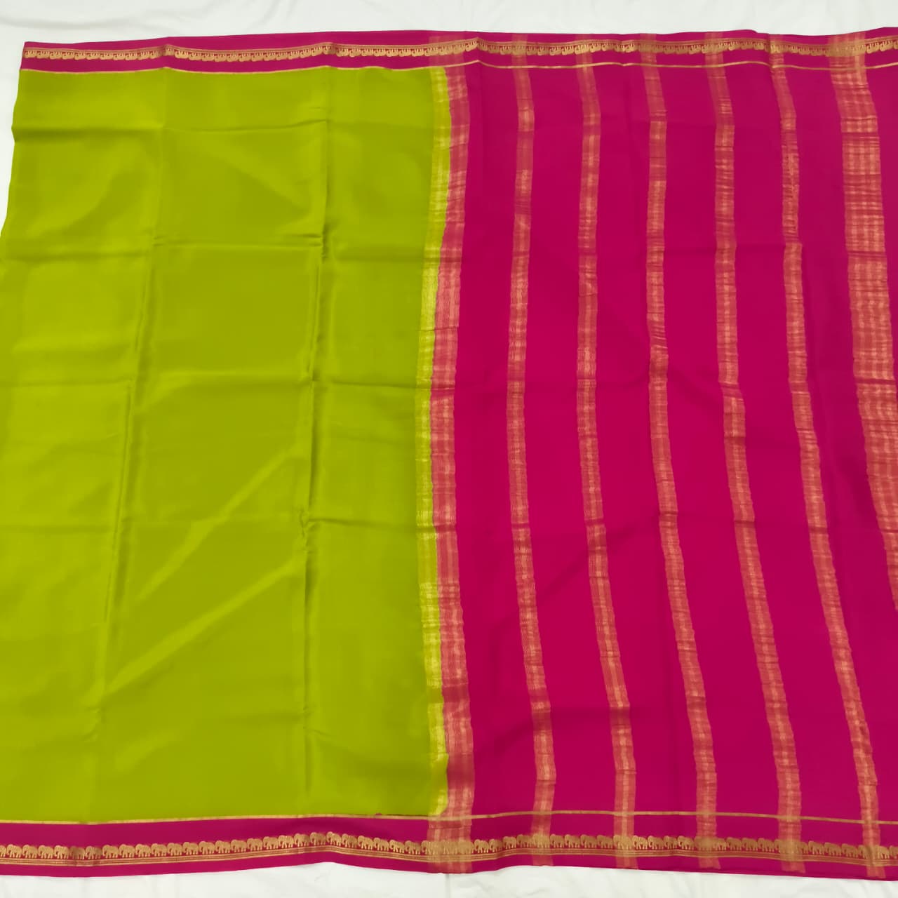 Pure Mysore Crepe Silk Saree – Parrot Green and Rani Pink