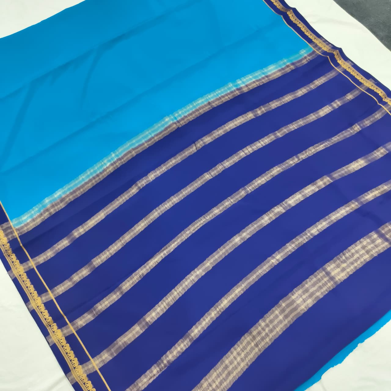 Pure Mysore Crepe Silk Saree – Light Blue and Navy Blue