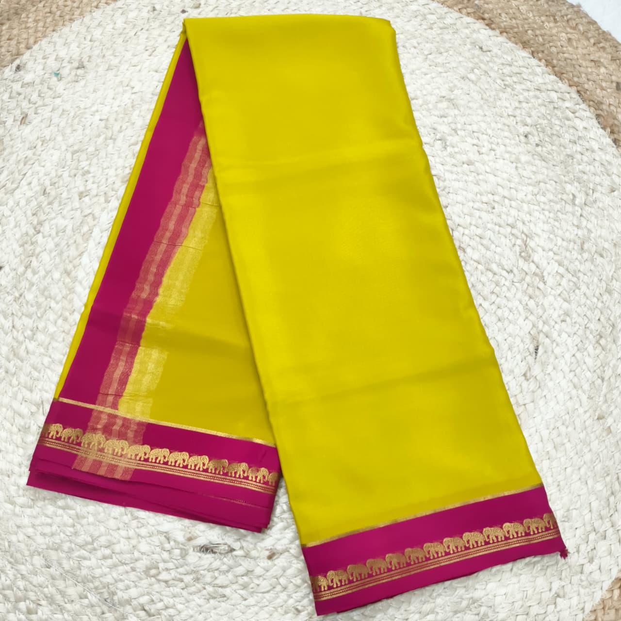 Pure Mysore Crepe Silk Saree – Yellow and Rani Pink