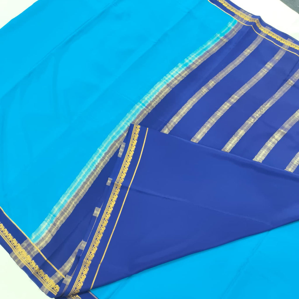 Pure Mysore Crepe Silk Saree – Light Blue and Navy Blue