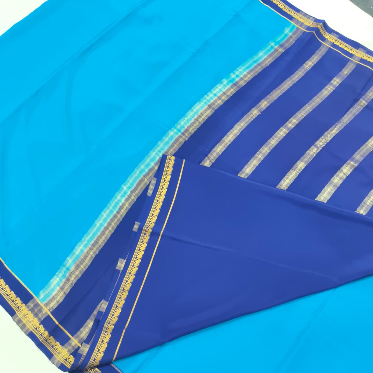 Pure Mysore Crepe Silk Saree – Light Blue and Navy Blue