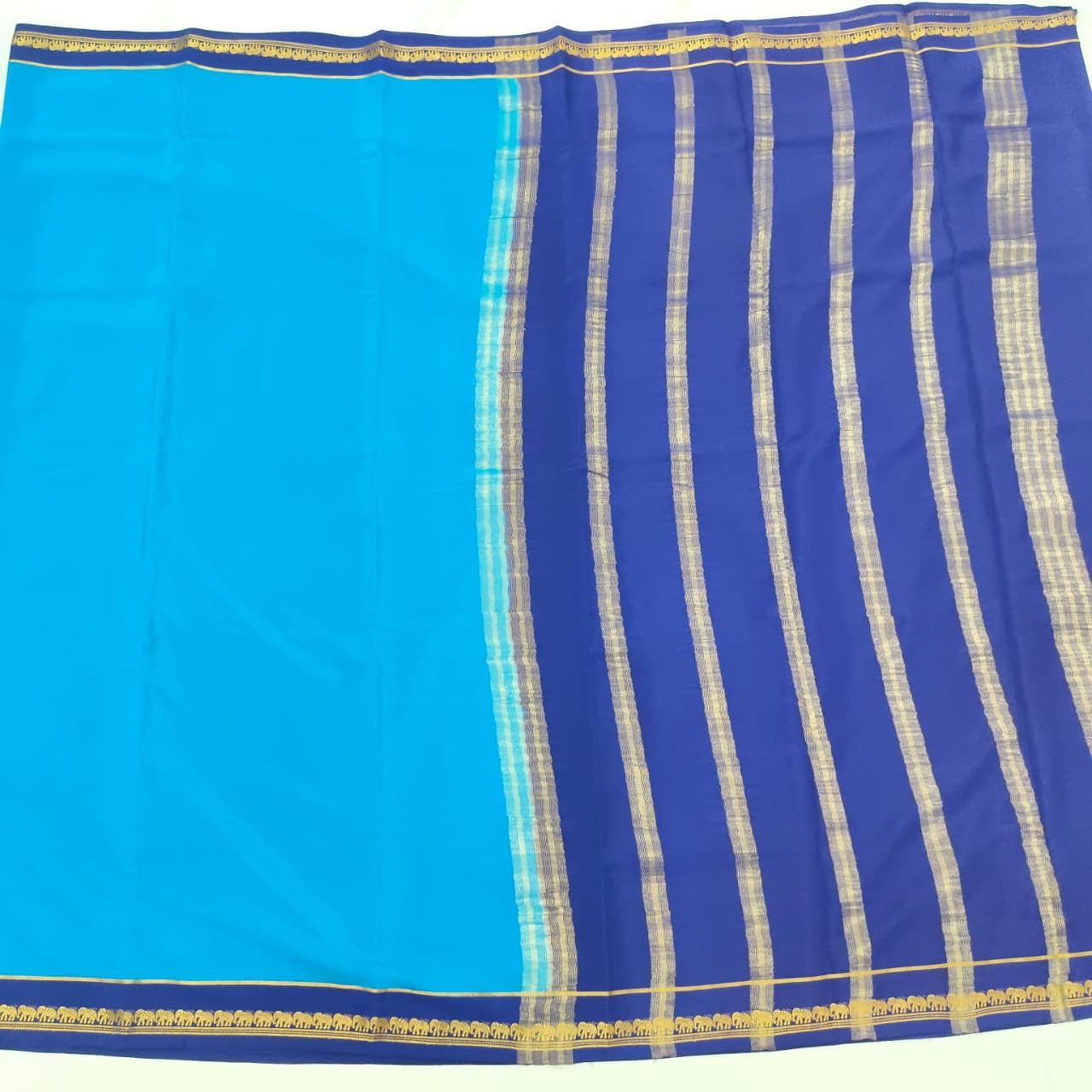 Pure Mysore Crepe Silk Saree – Light Blue and Navy Blue