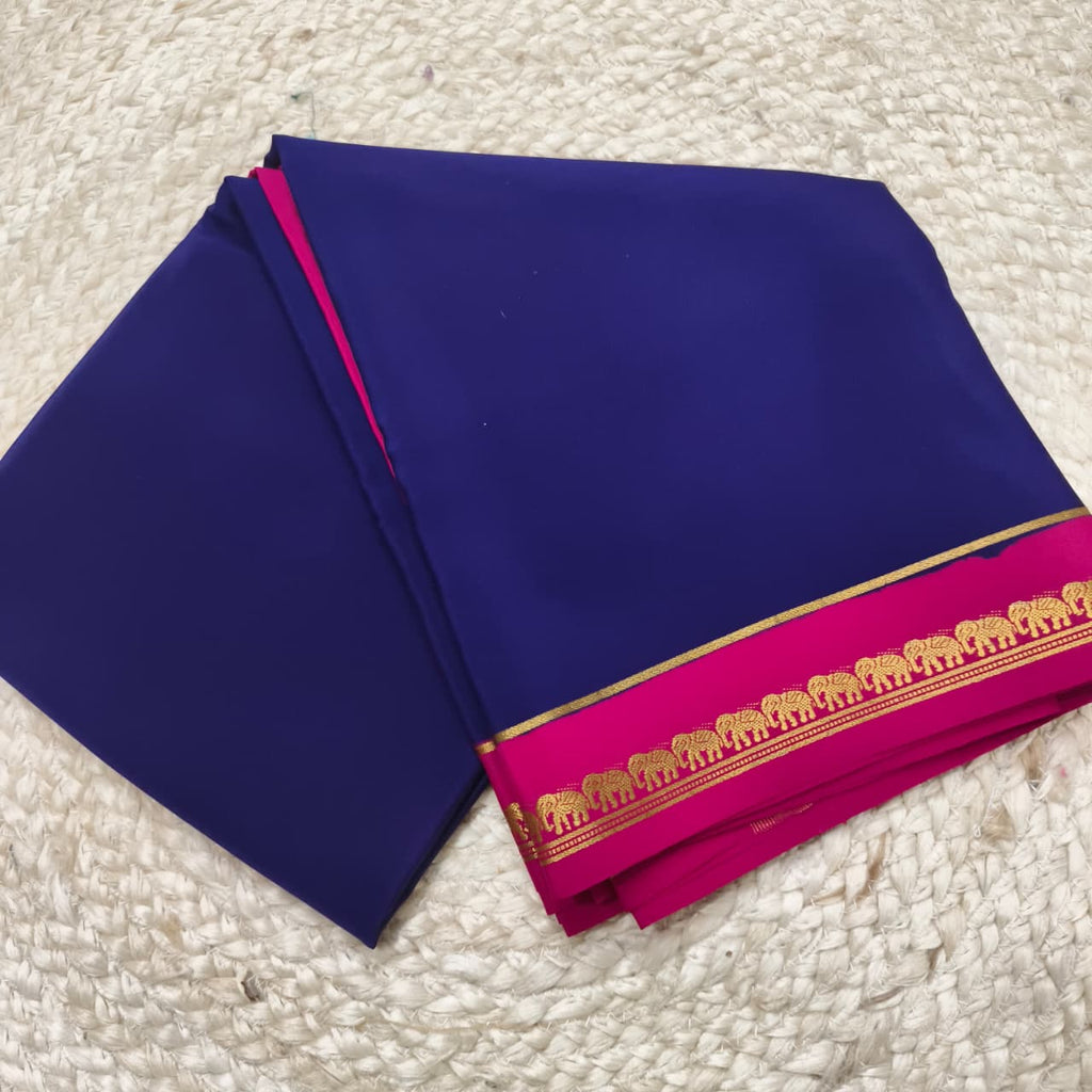 Pure Mysore Crepe Silk Saree – Navy Blue and Rani Pink