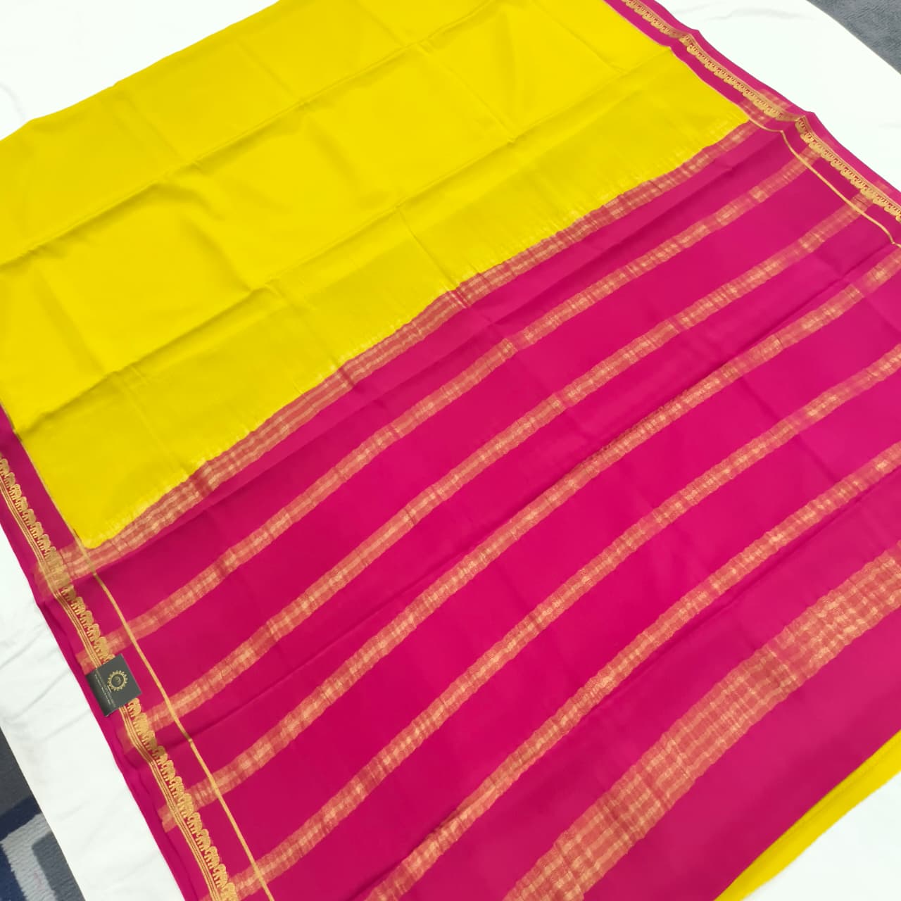 Pure Mysore Crepe Silk Saree – Yellow and Rani Pink