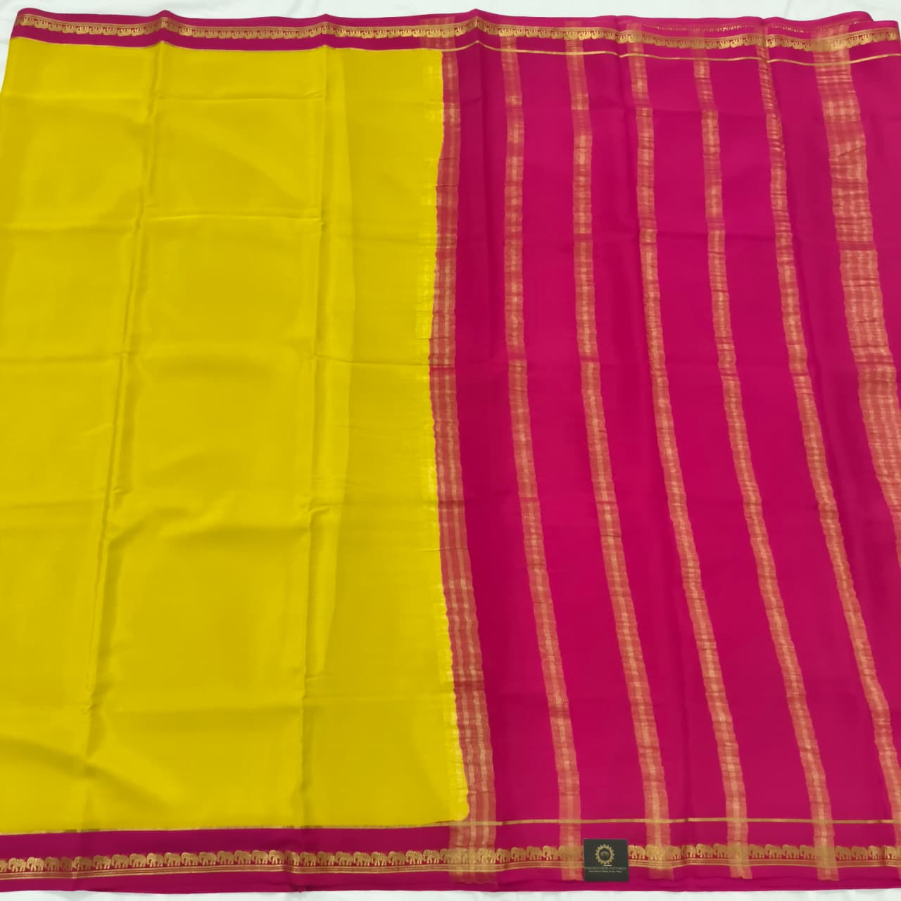 Pure Mysore Crepe Silk Saree – Yellow and Rani Pink