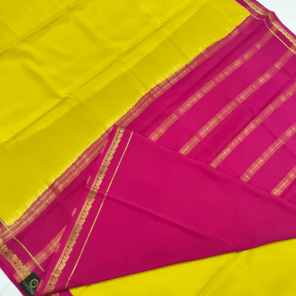 Pure Mysore Crepe Silk Saree – Yellow and Rani Pink