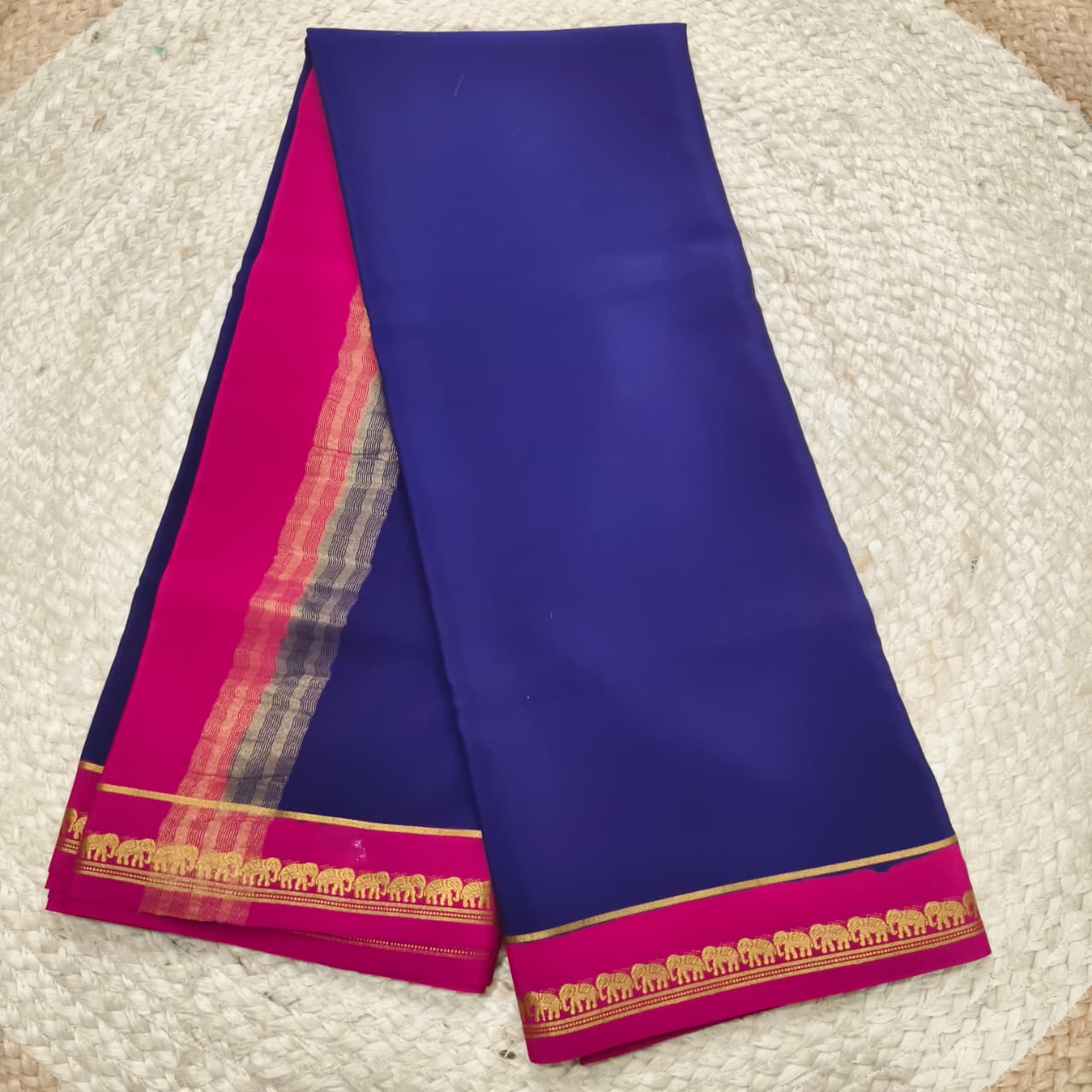 Pure Mysore Crepe Silk Saree – Navy Blue and Rani Pink