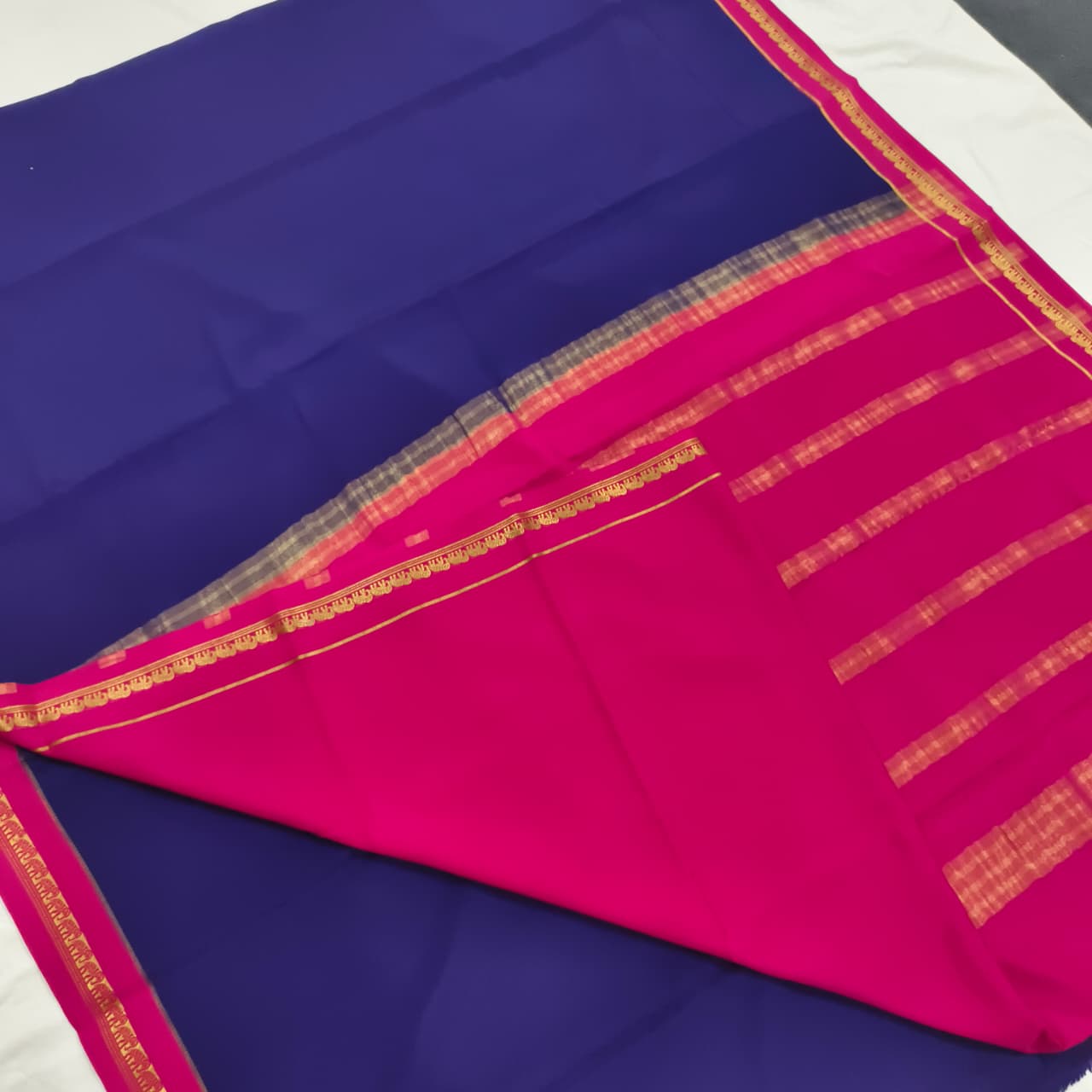 Pure Mysore Crepe Silk Saree – Navy Blue and Rani Pink