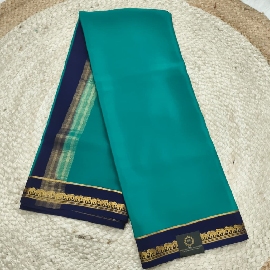 Pure Mysore Crepe Silk Saree – Peacock Green and Navy Blue