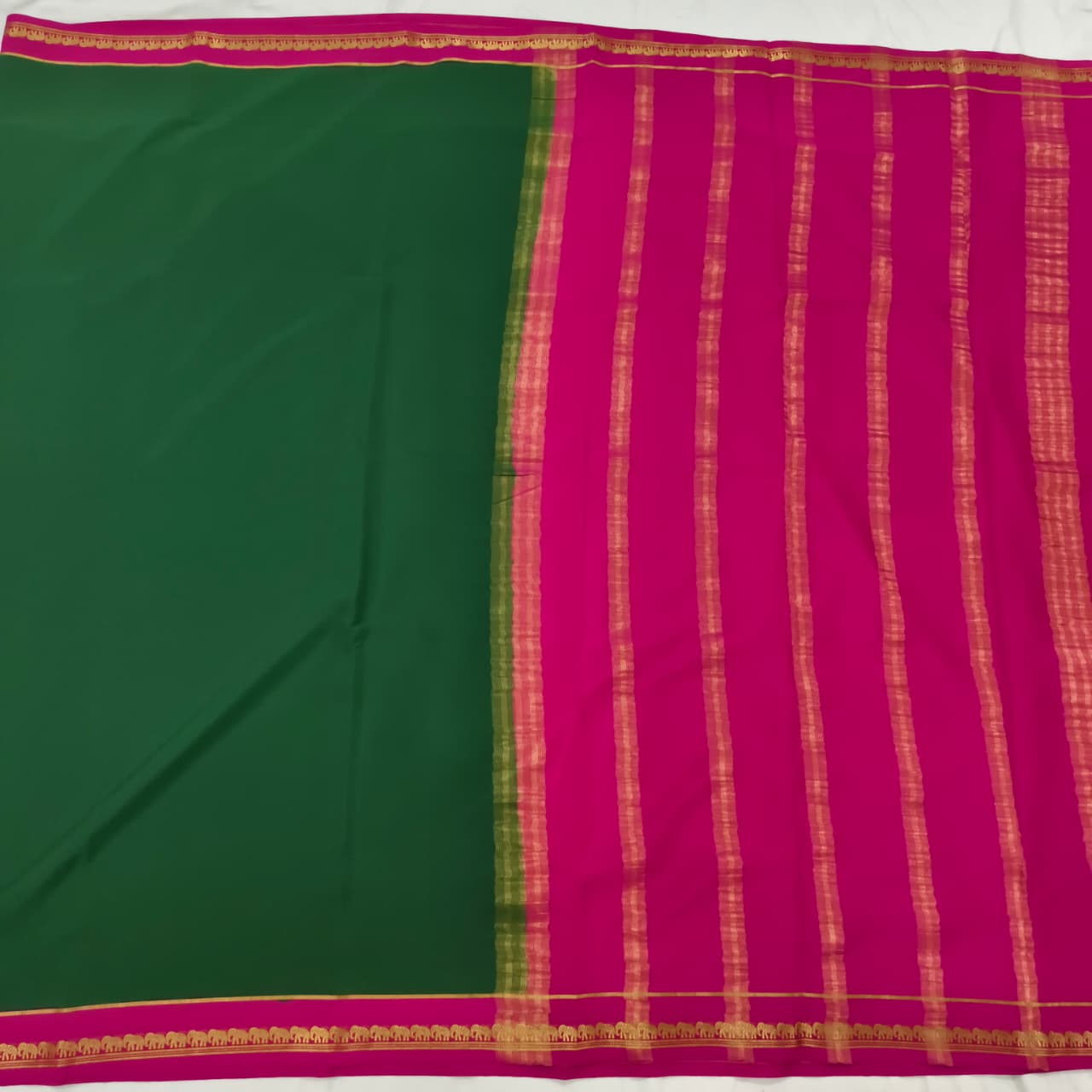 Pure Mysore Crepe Silk Saree – Green and Rani Pink
