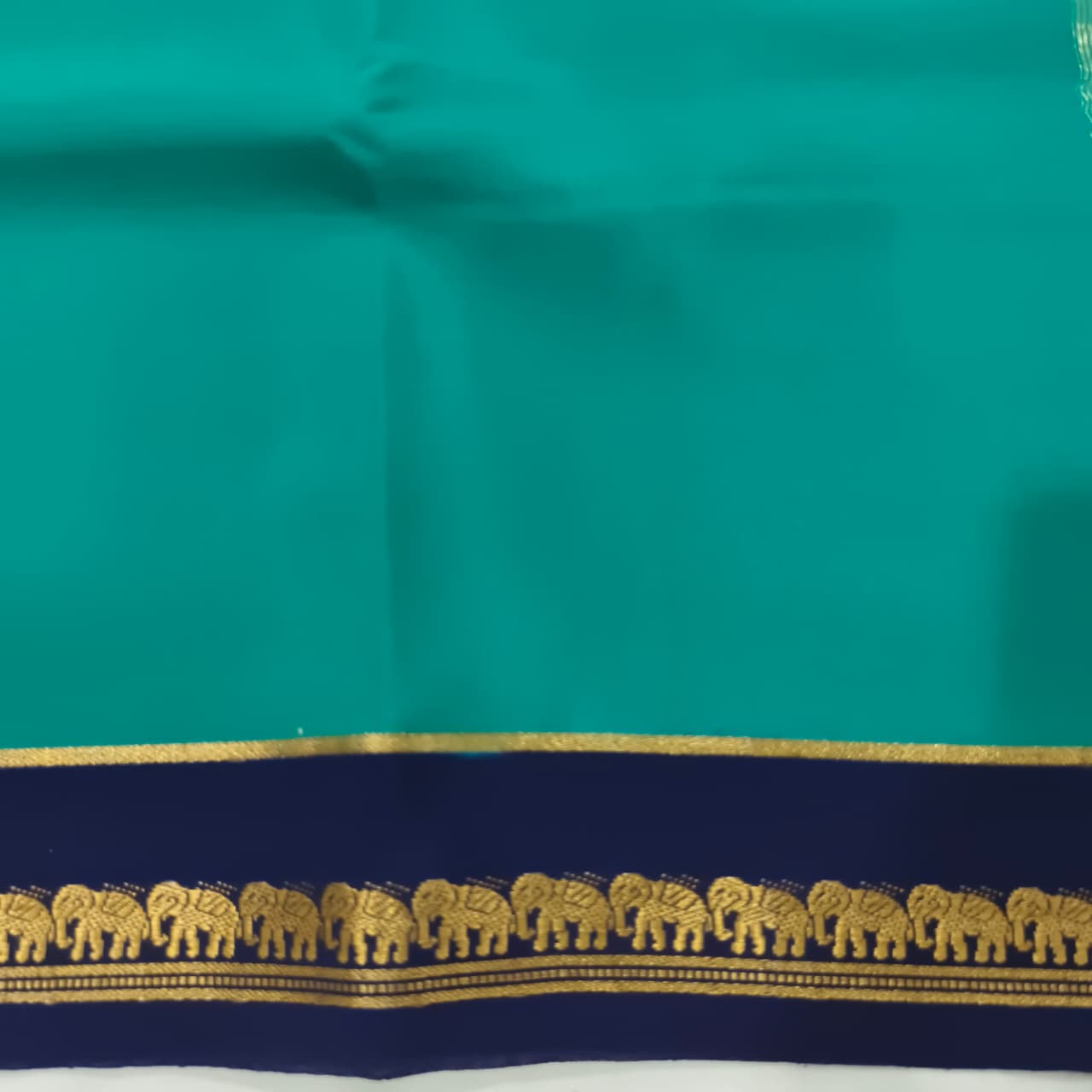 Pure Mysore Crepe Silk Saree – Peacock Green and Navy Blue