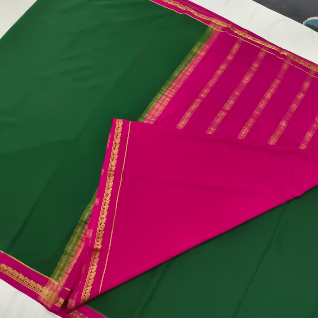 Pure Mysore Crepe Silk Saree – Green and Rani Pink
