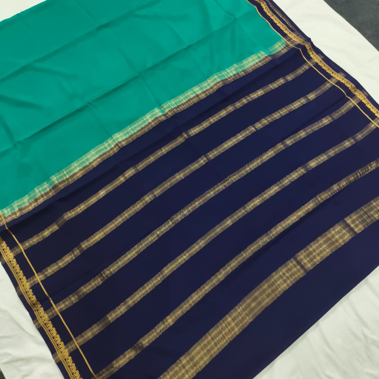 Pure Mysore Crepe Silk Saree – Peacock Green and Navy Blue