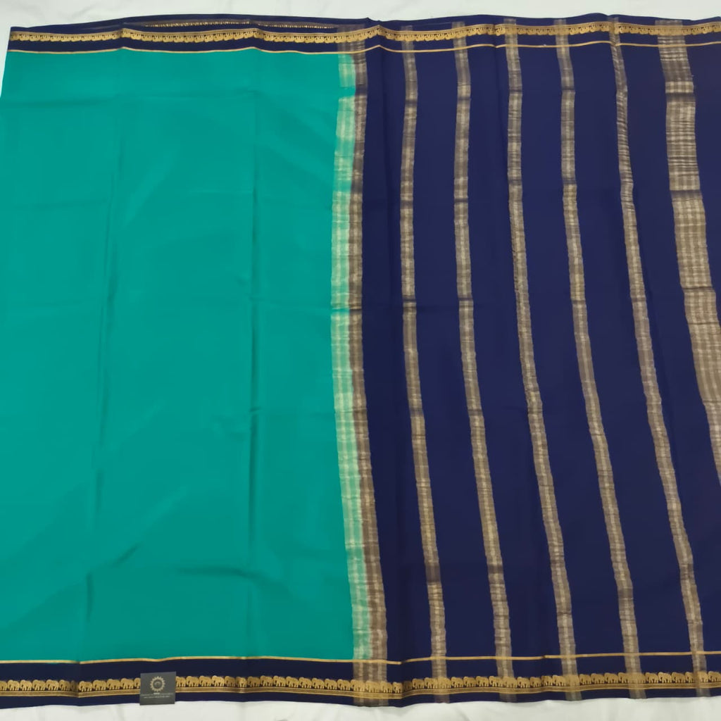 Pure Mysore Crepe Silk Saree – Peacock Green and Navy Blue
