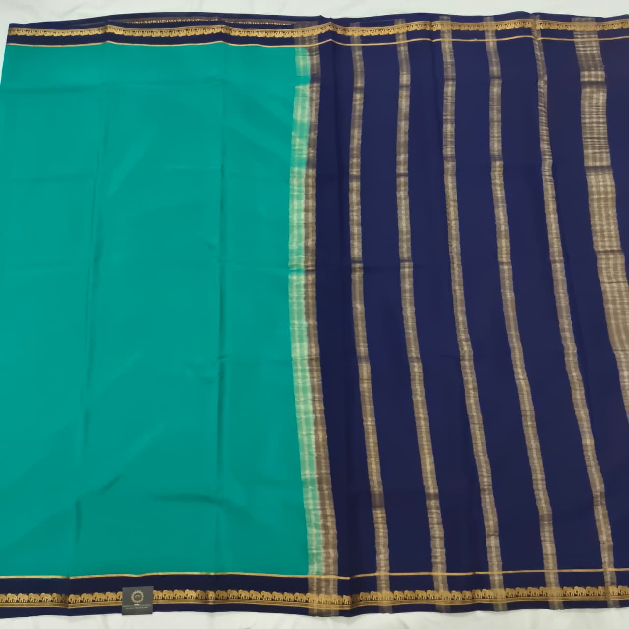 Pure Mysore Crepe Silk Saree – Peacock Green and Navy Blue