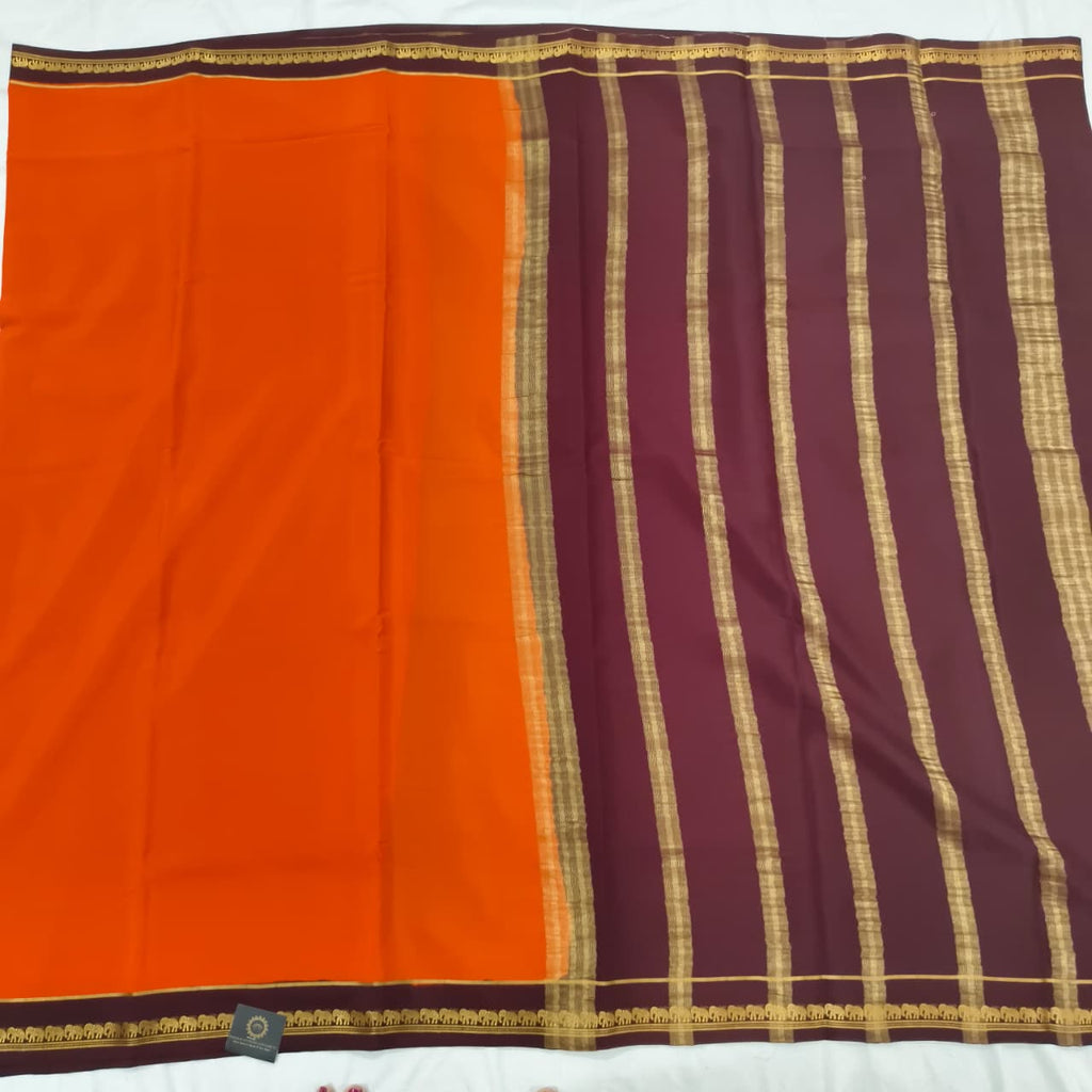 Pure Mysore Crepe Silk Saree – Orange and Deep Maroon