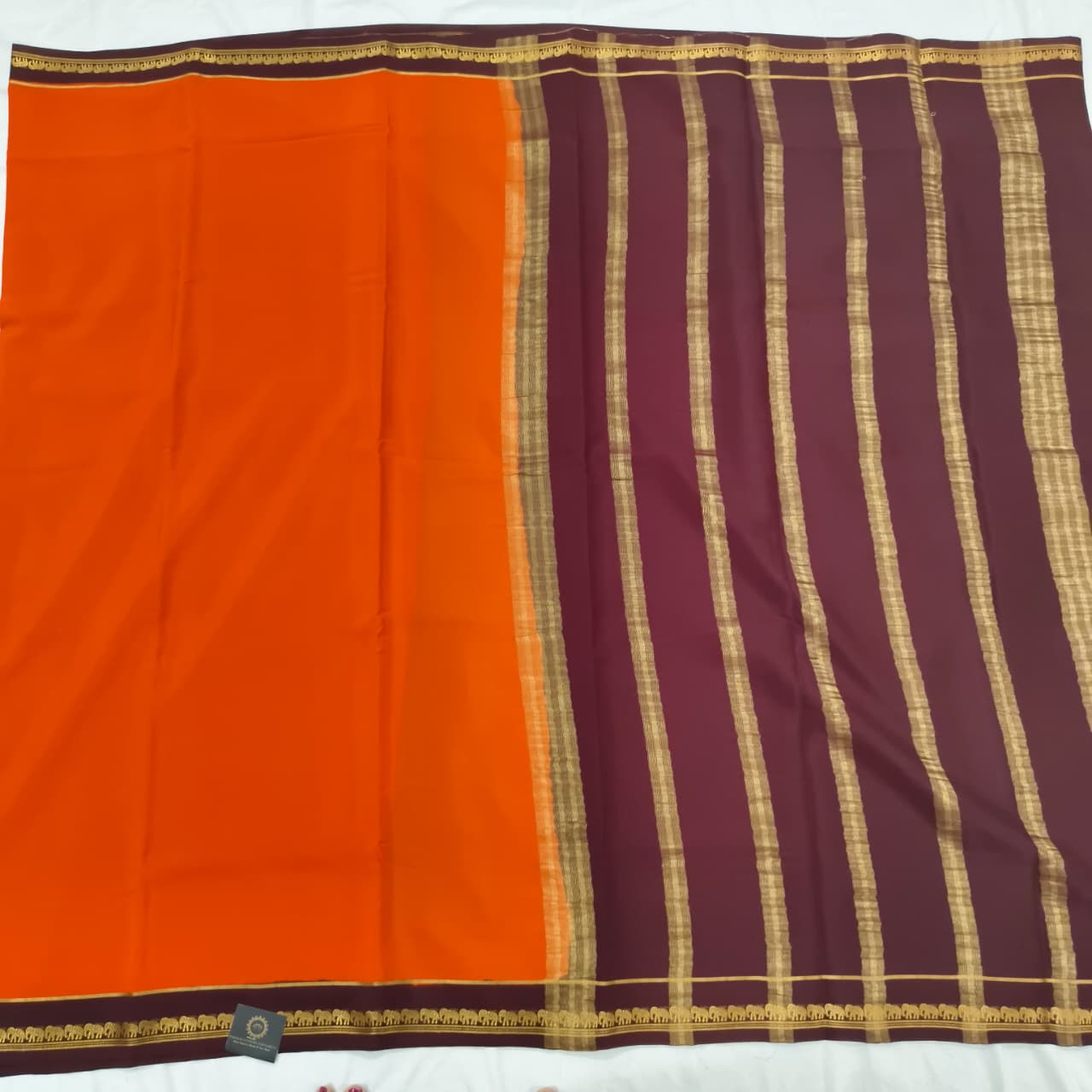 Pure Mysore Crepe Silk Saree – Orange and Deep Maroon