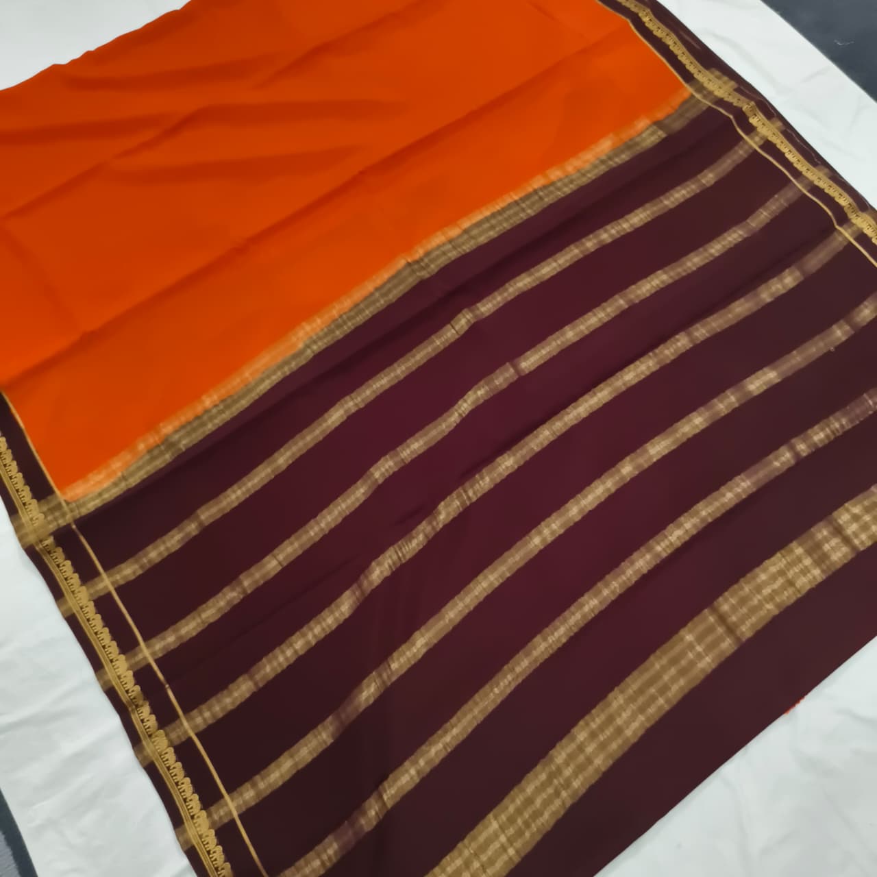 Pure Mysore Crepe Silk Saree – Orange and Deep Maroon