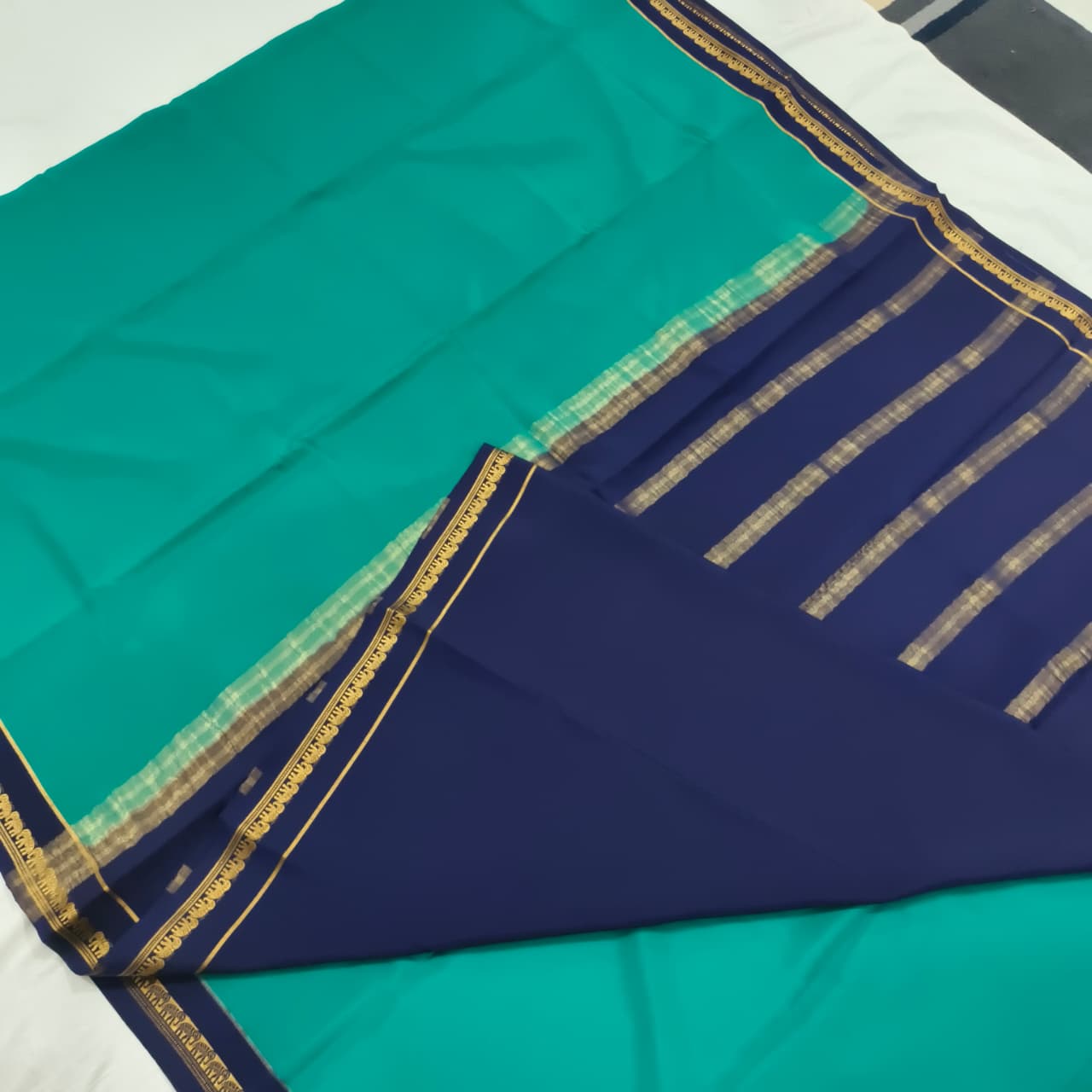 Pure Mysore Crepe Silk Saree – Peacock Green and Navy Blue