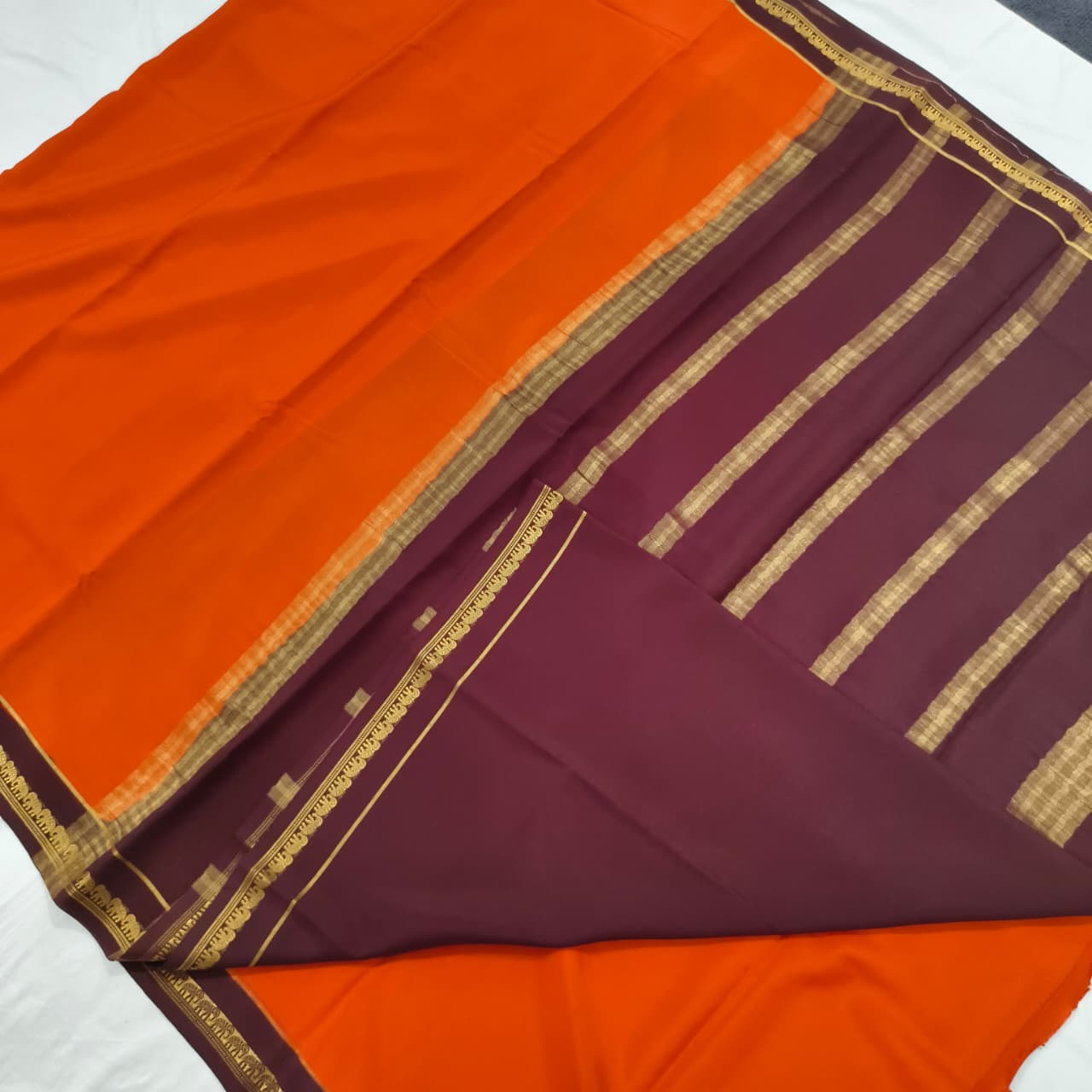 Pure Mysore Crepe Silk Saree – Orange and Deep Maroon