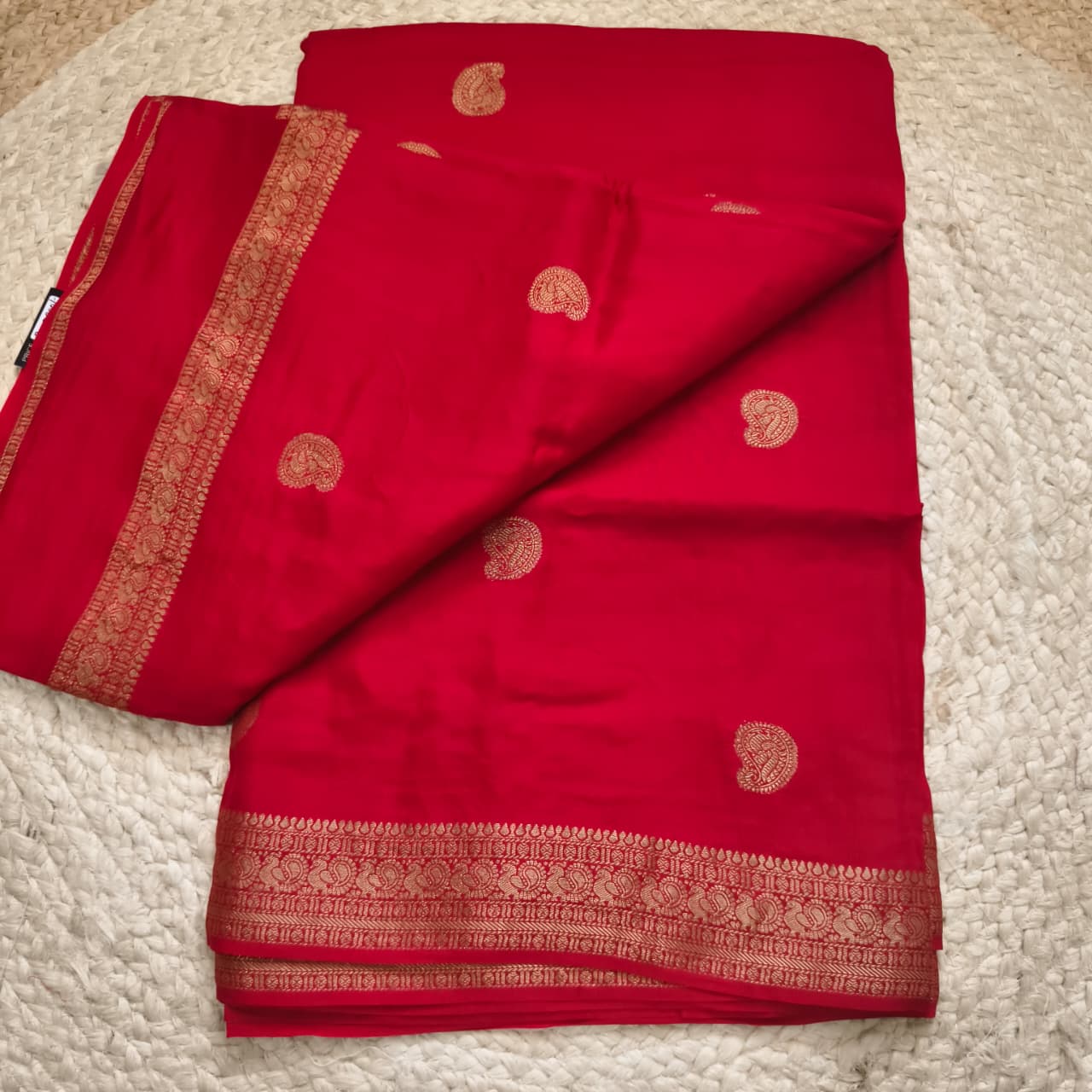 Red Viscose Saree with Green Contrast blouse