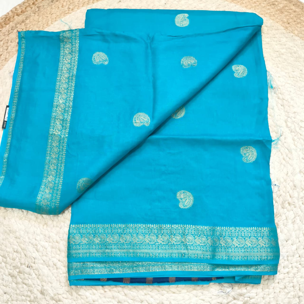 Light Blue Viscose Saree with Navy Blue Contrast blouse