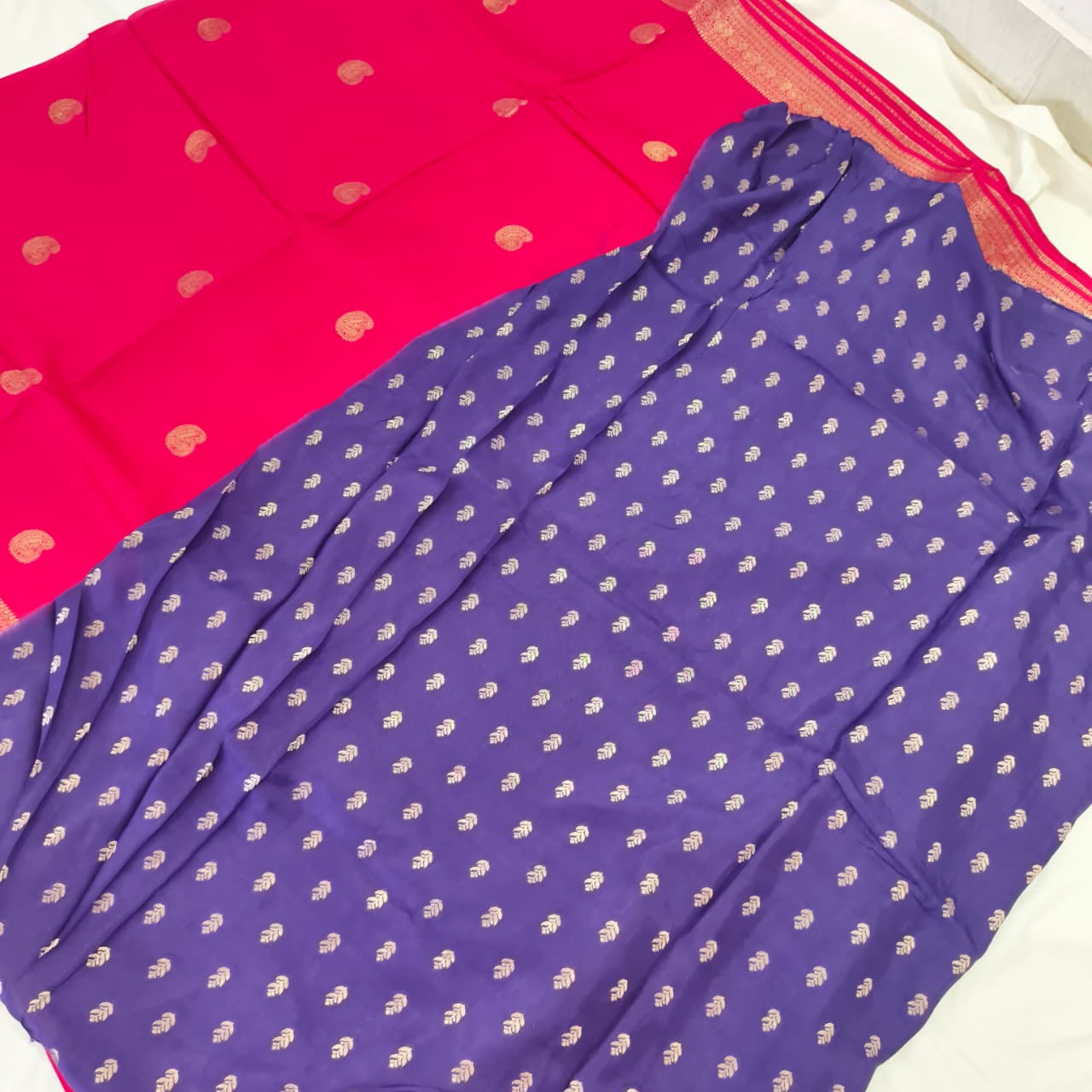 Pink Viscose Saree with Purple Contrast blouse