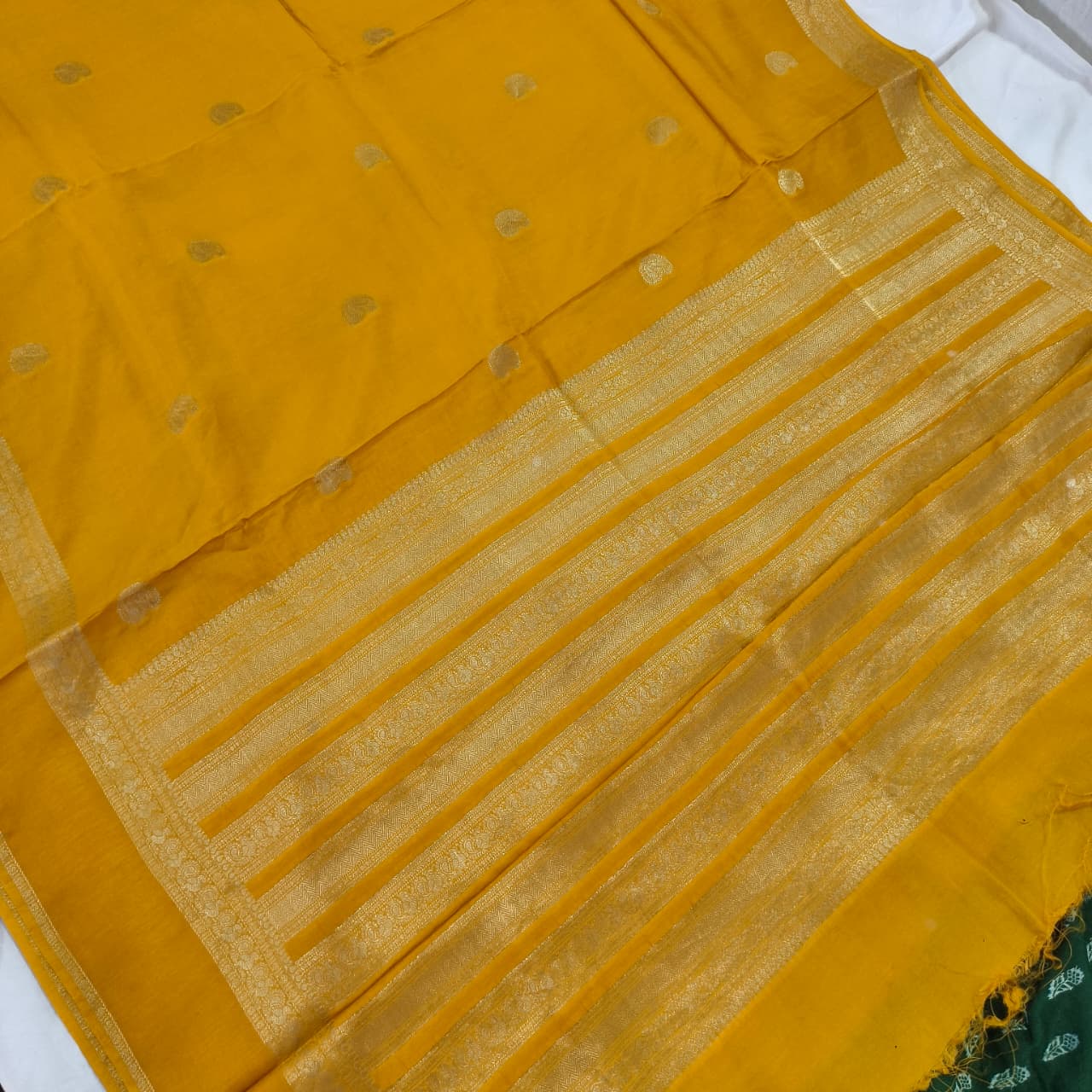 Yellow Viscose Saree with Green Contrast blouse