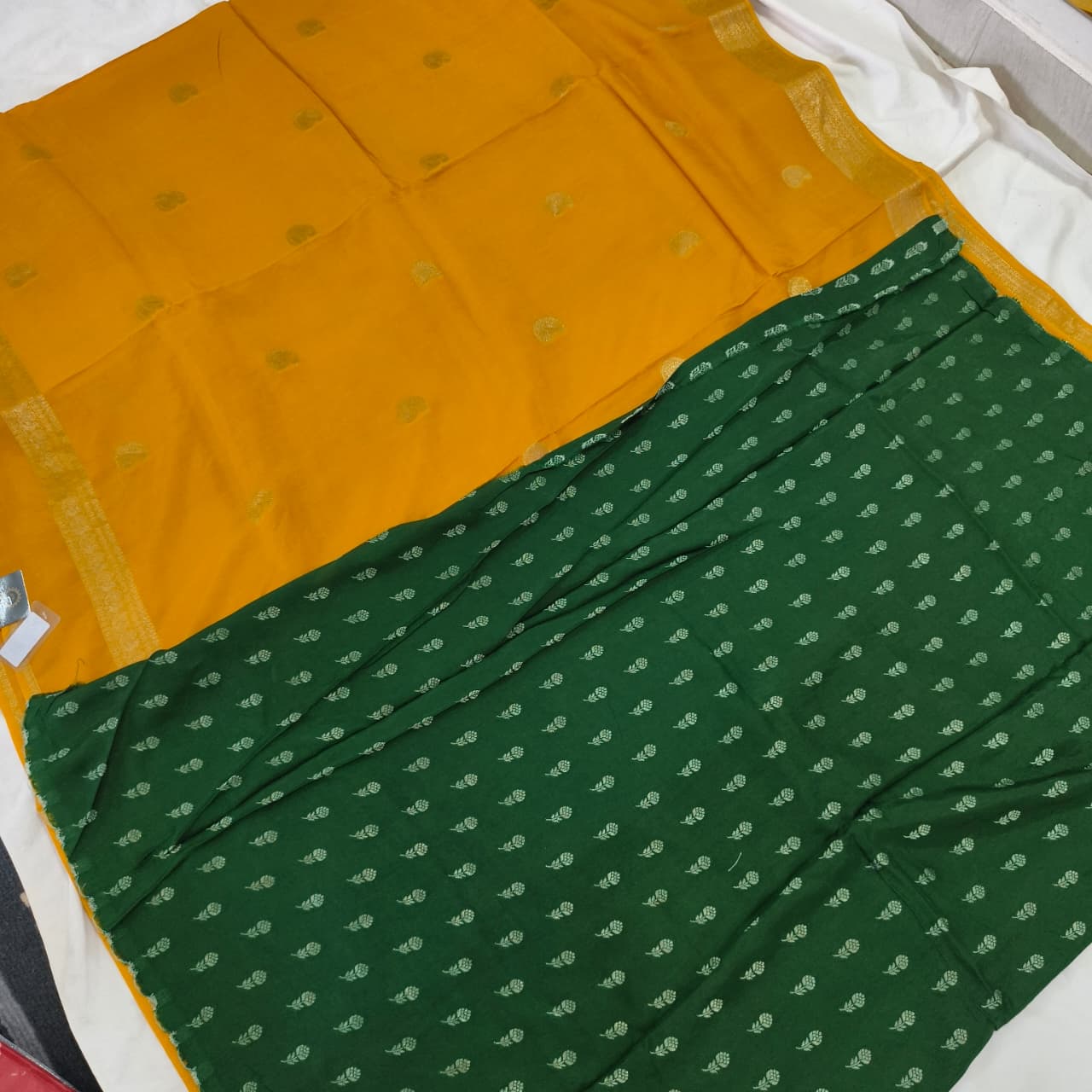 Yellow Viscose Saree with Green Contrast blouse