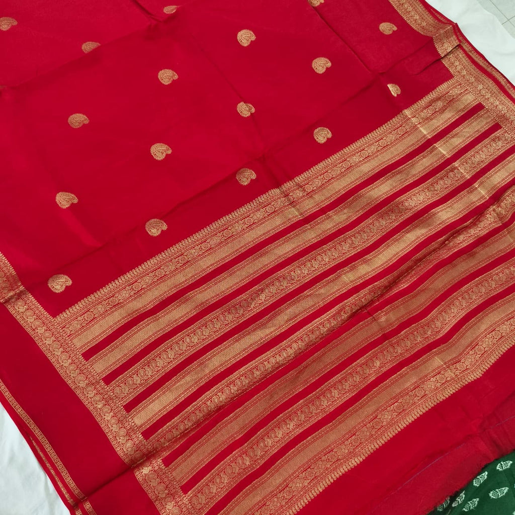 Red Viscose Saree with Green Contrast blouse
