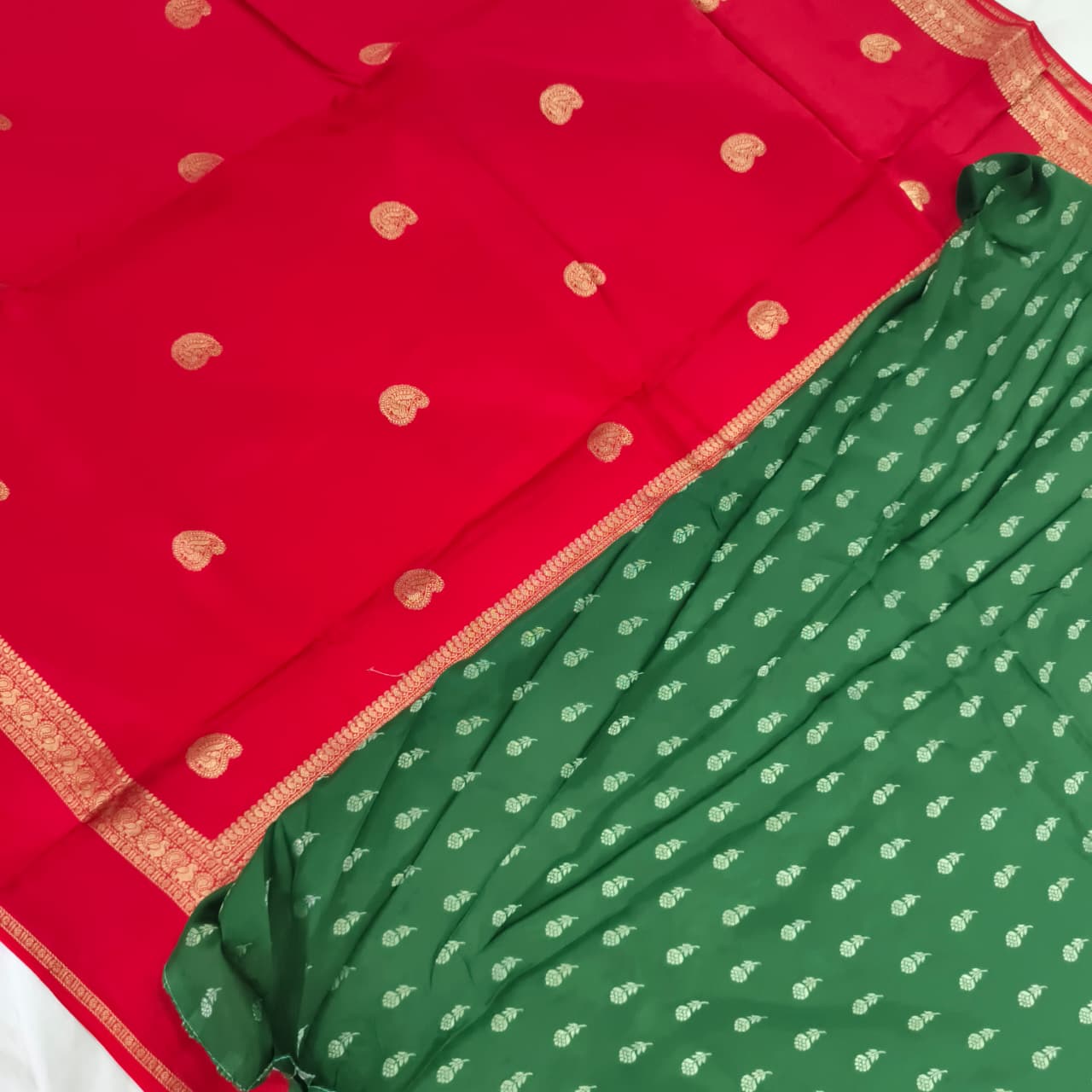 Red Viscose Saree with Green Contrast blouse