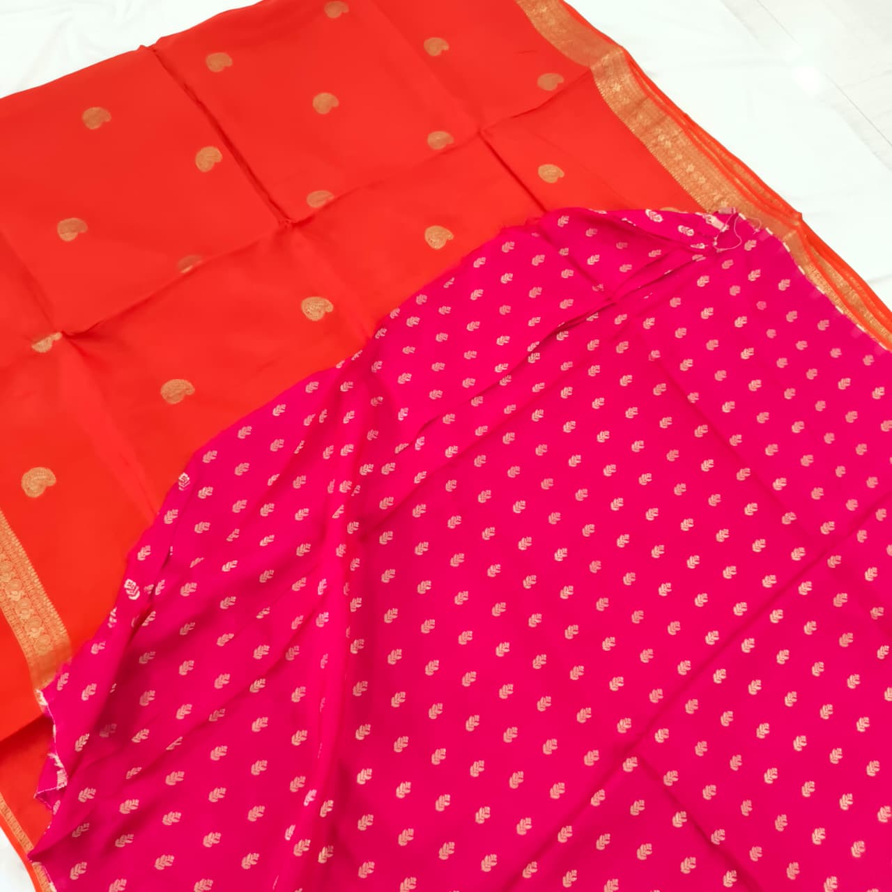Orange Viscose Saree with Pink Contrast blouse