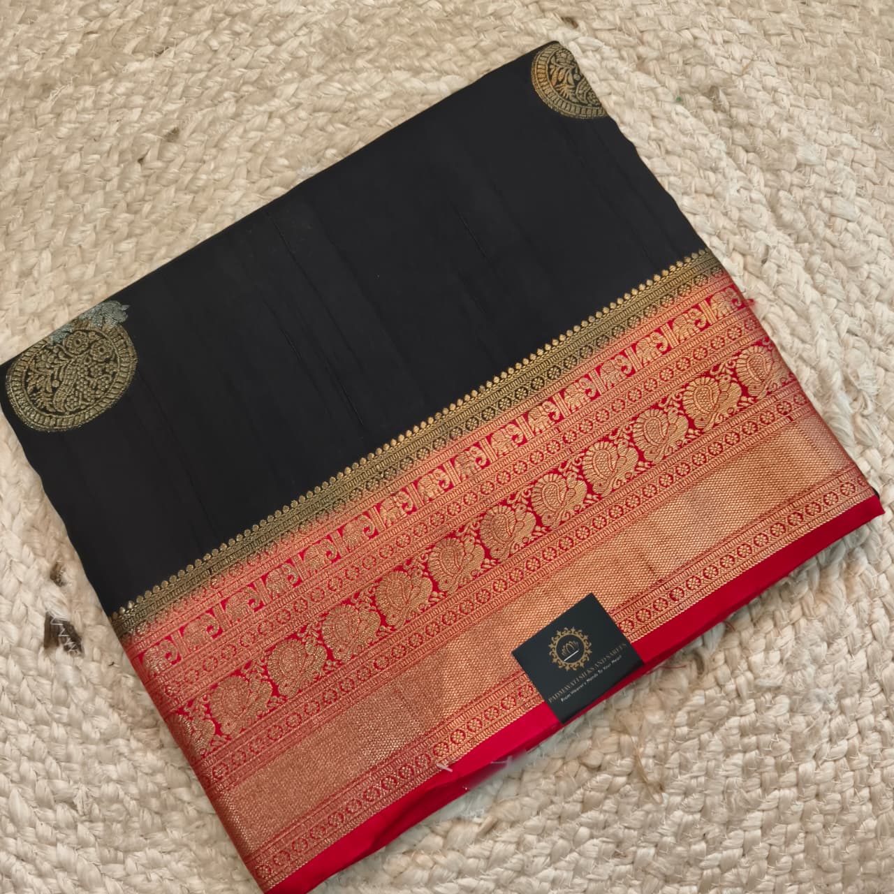 Black Viscose Saree with Red Contrast Border
