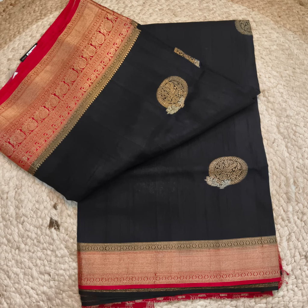 Black Viscose Saree with Red Contrast Border
