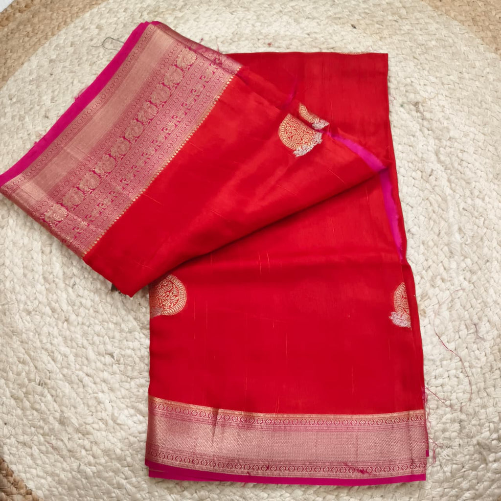 Orange Viscose Saree with Pink Contrast Border