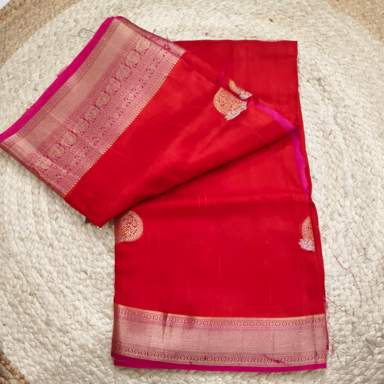 Orange Viscose Saree with Pink Contrast Border