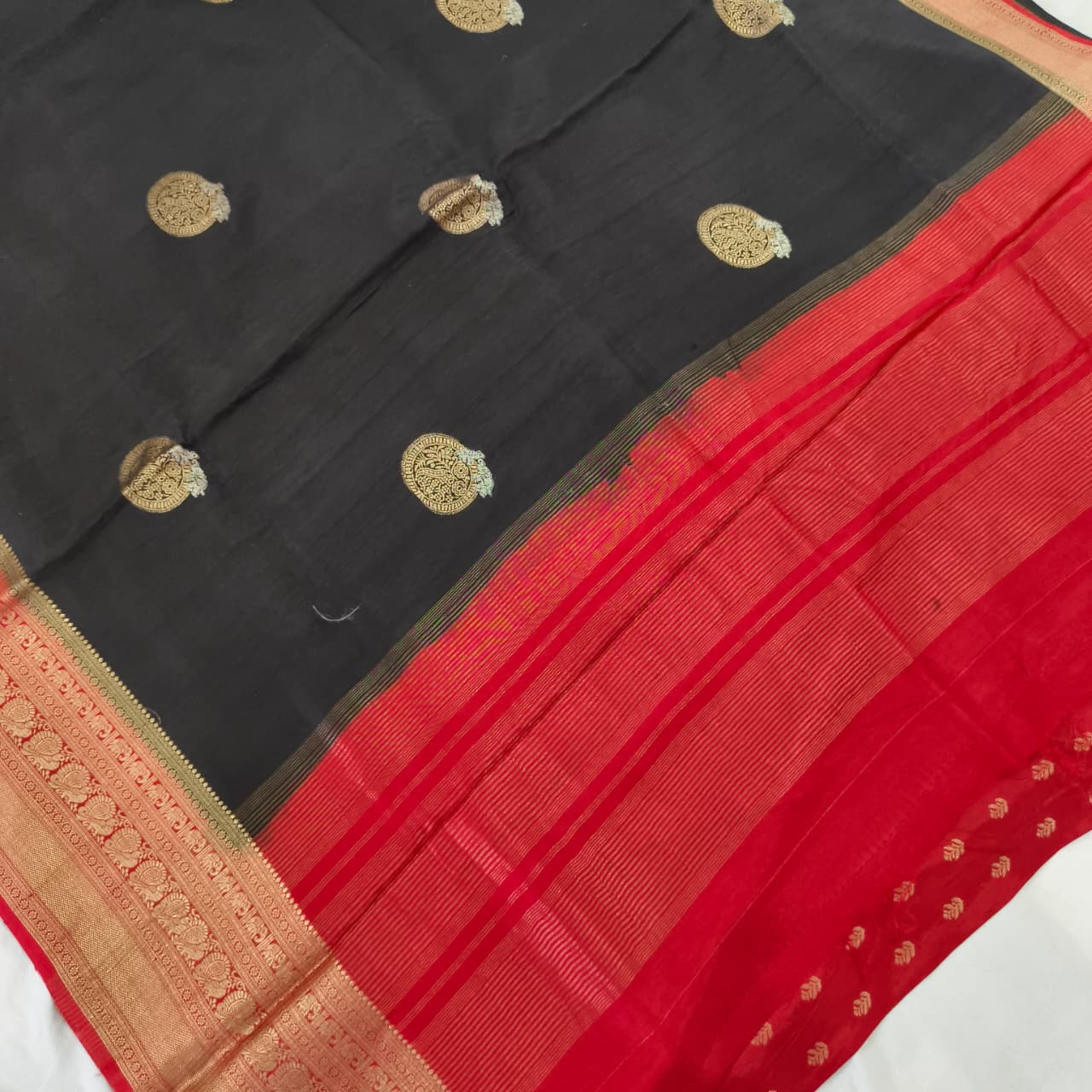 Black Viscose Saree with Red Contrast Border