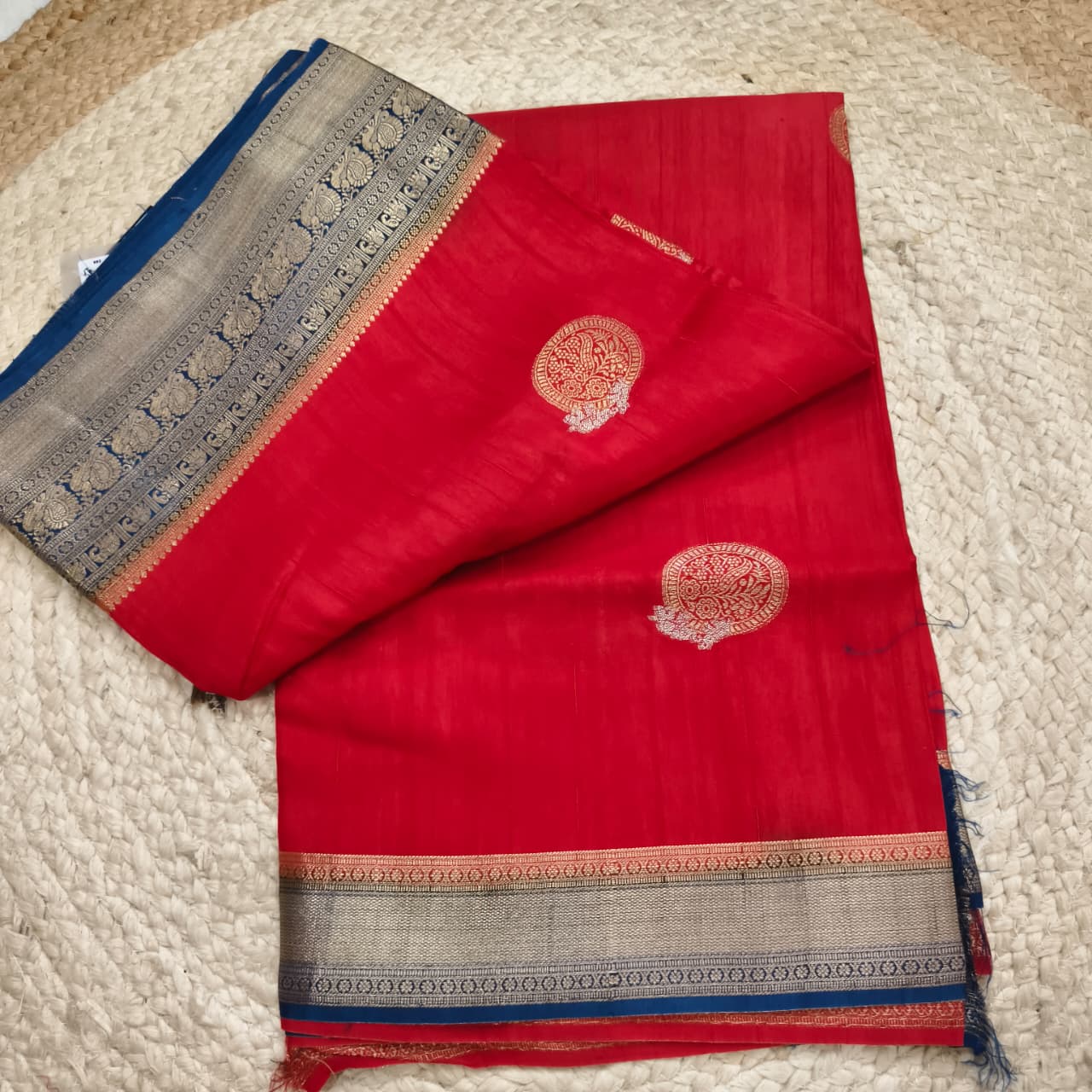 Red Viscose Saree with Blue Contrast Border