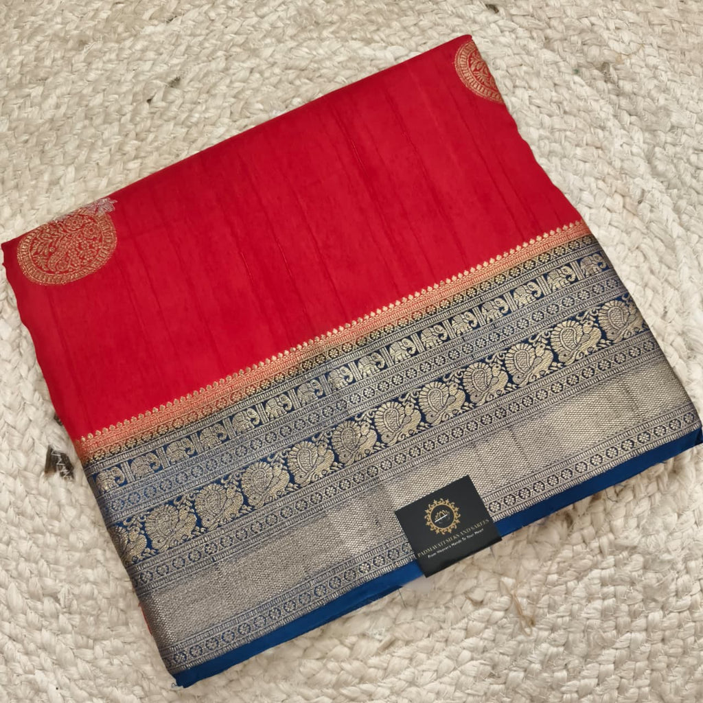 Red Viscose Saree with Blue Contrast Border