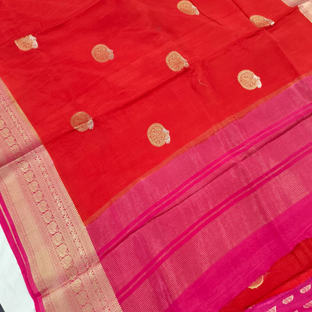 Orange Viscose Saree with Pink Contrast Border